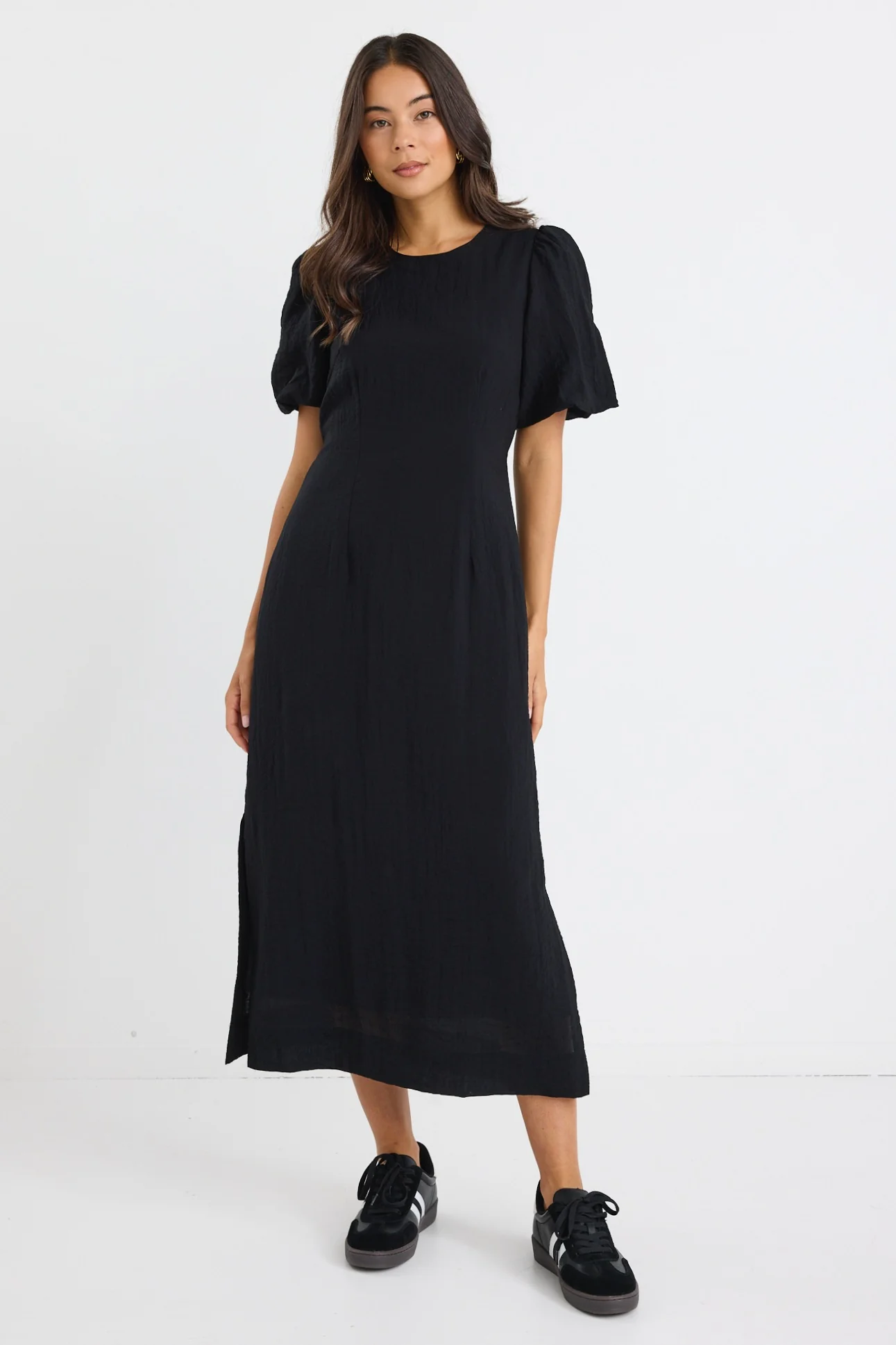 Elder Black Short Puff Sleeve Tie Midi Dress - Image 2