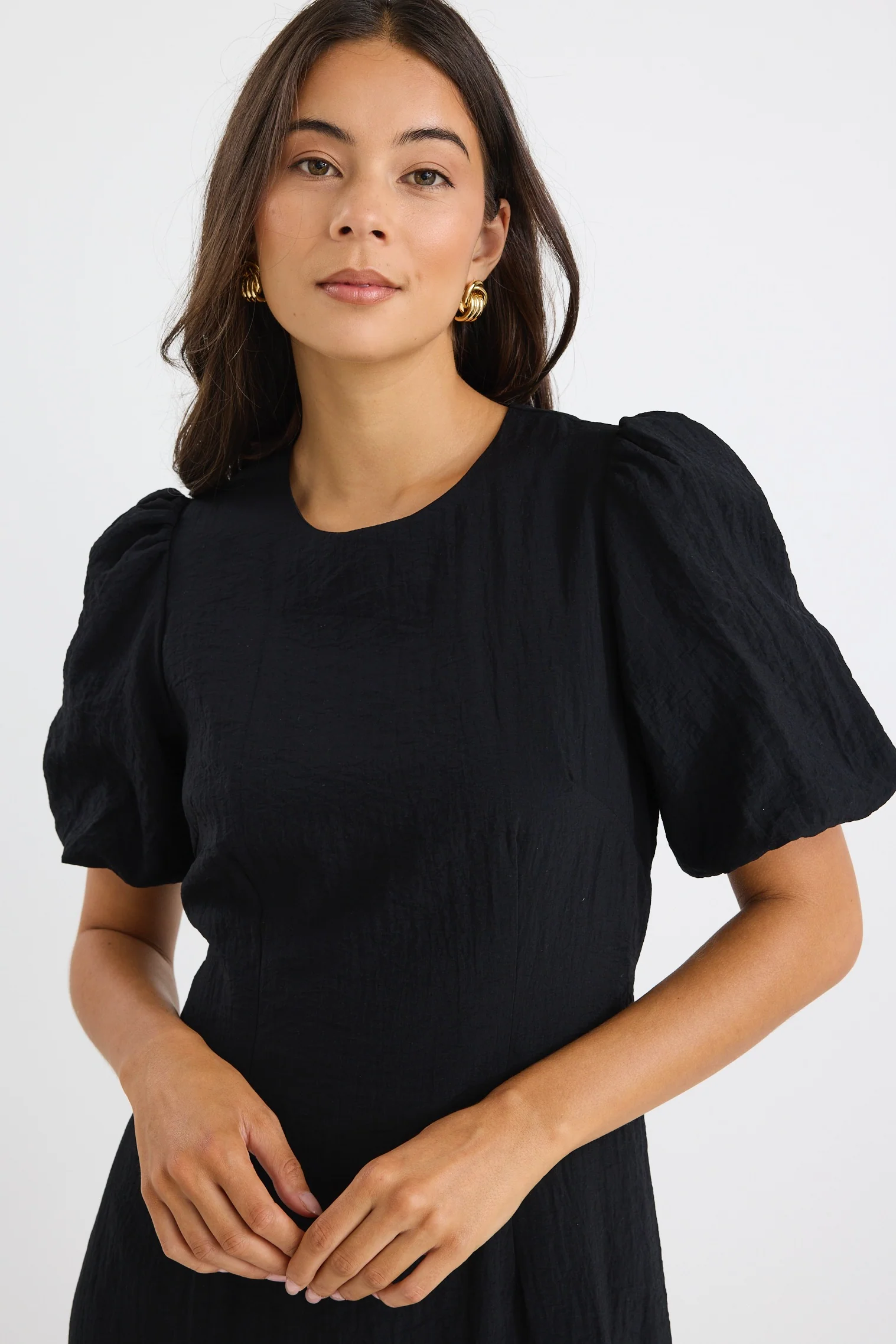 Elder Black Short Puff Sleeve Tie Midi Dress - Image 3