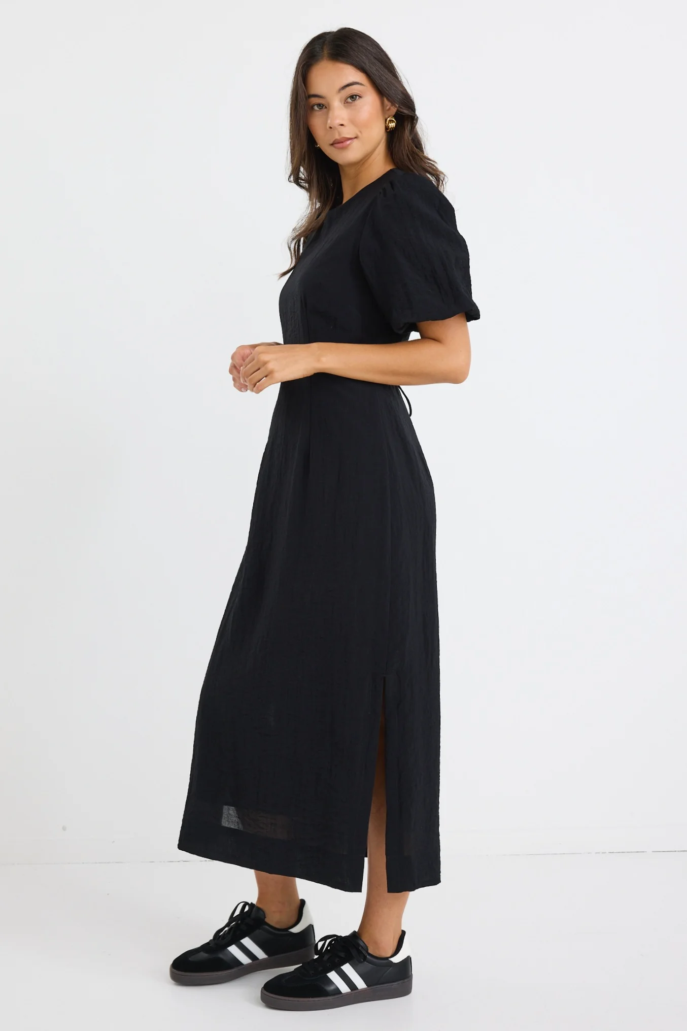 Elder Black Short Puff Sleeve Tie Midi Dress - Image 4