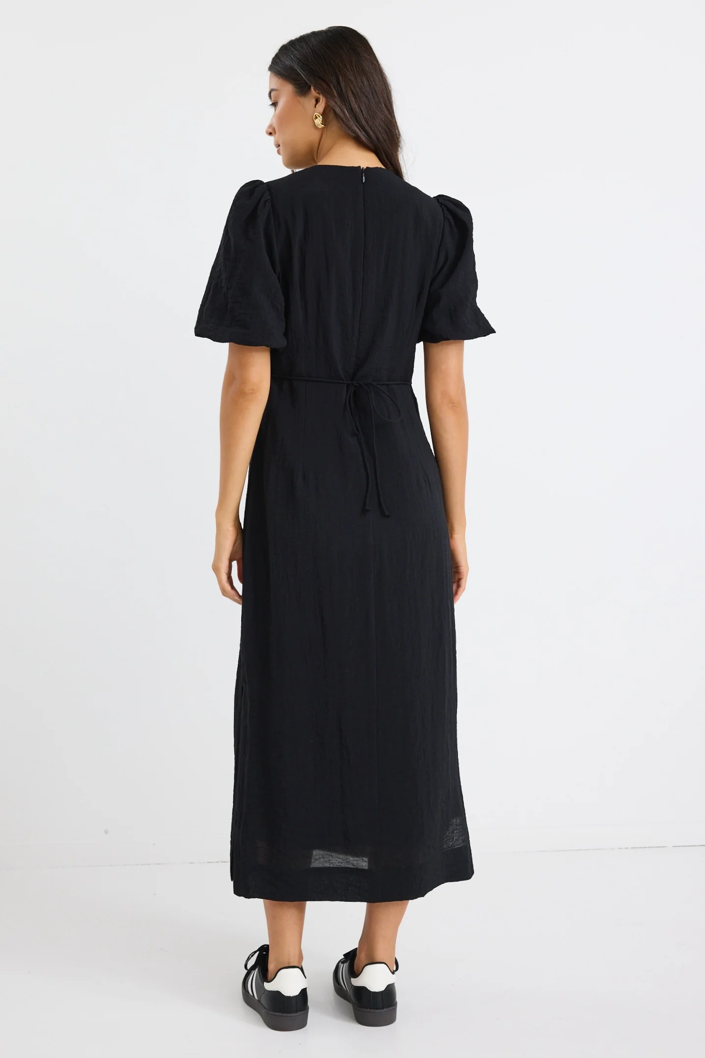 Elder Black Short Puff Sleeve Tie Midi Dress - Image 6