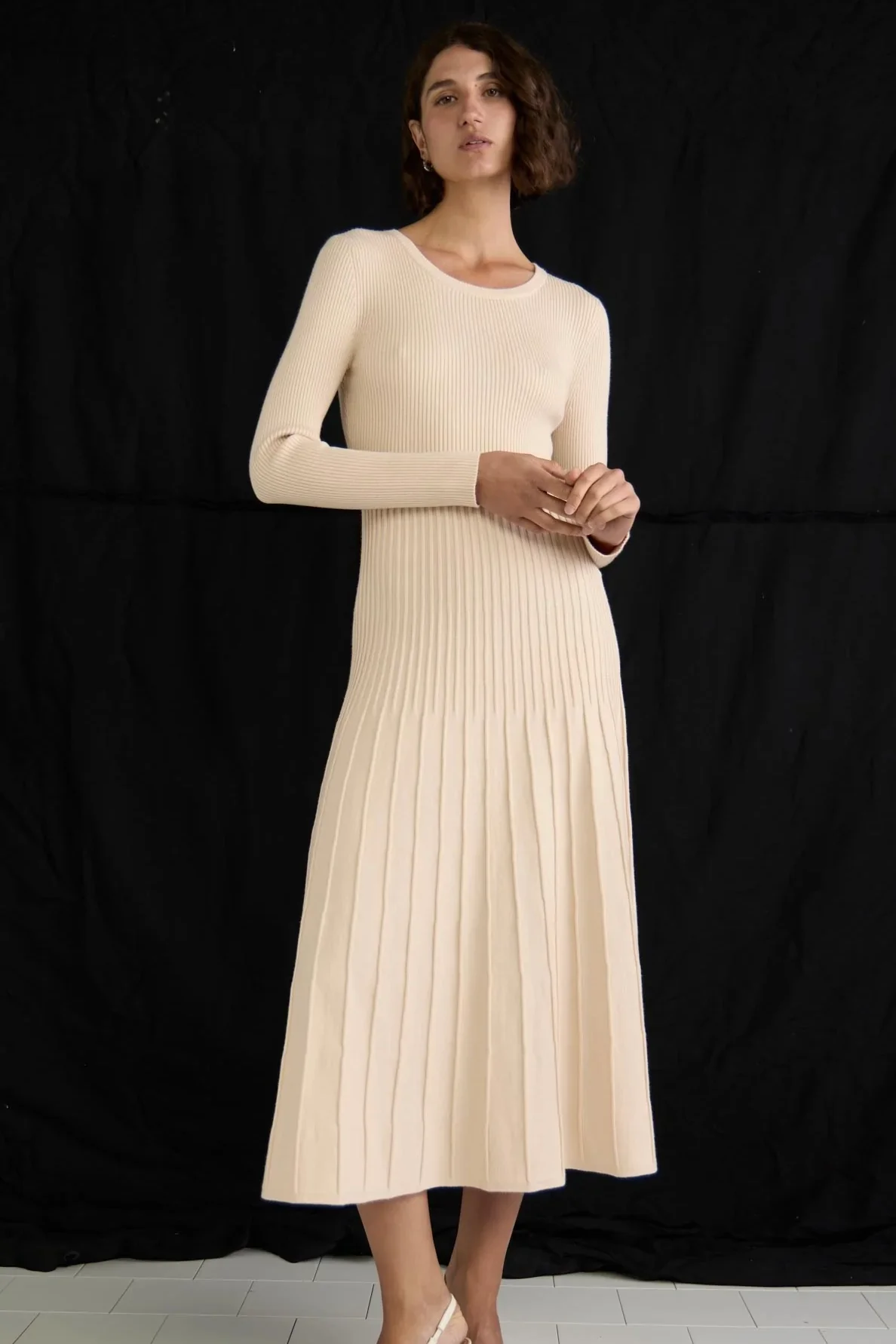 Elena Vanilla Rib Knit LS Midi Dress - Image 3