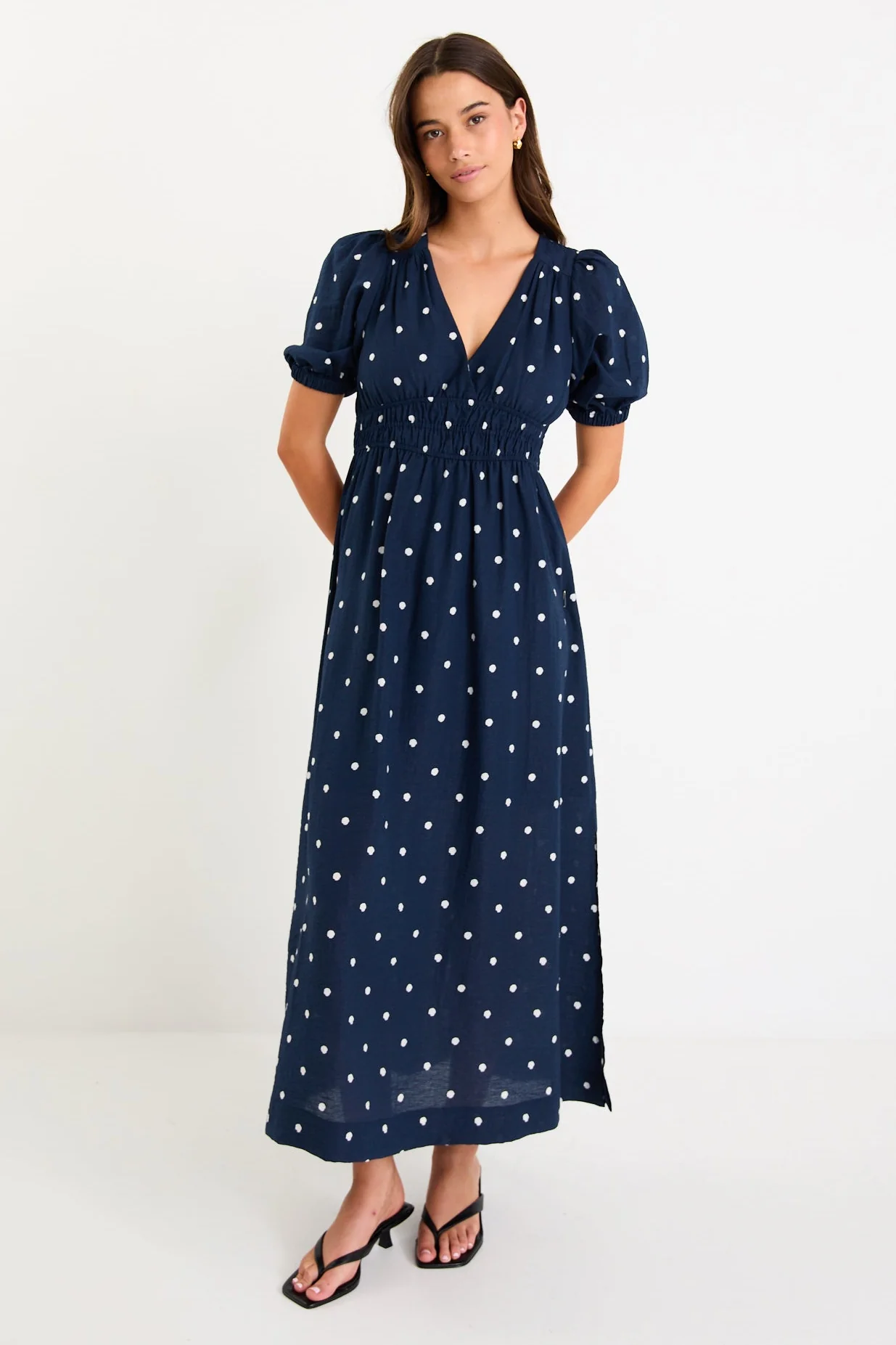 Eloquent Navy Polka Dot Flutter Sleeve Maxi Dress - Image 4