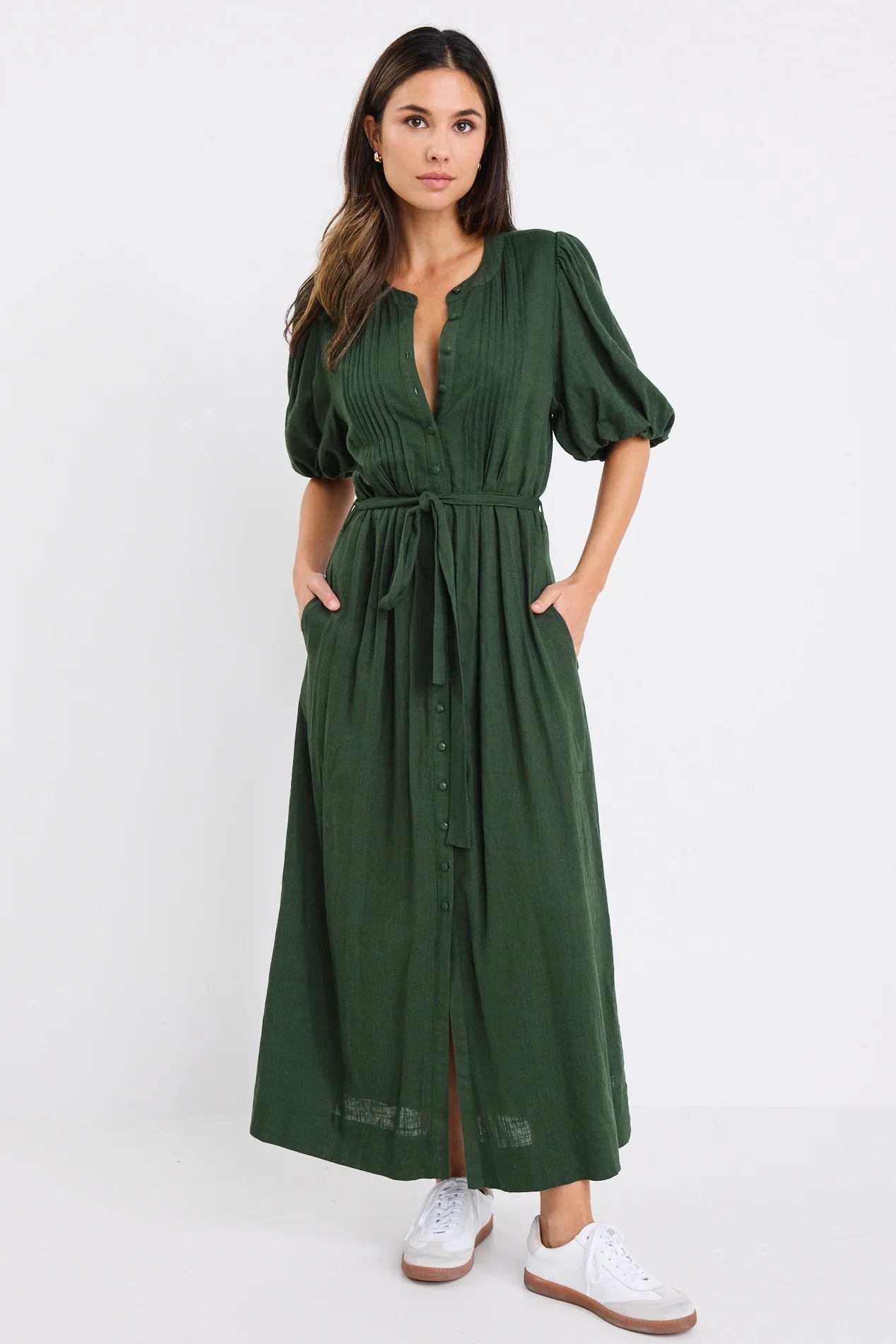 Emotion Forest Puff Sleeve Pin Tuck Midi Shirt Dress