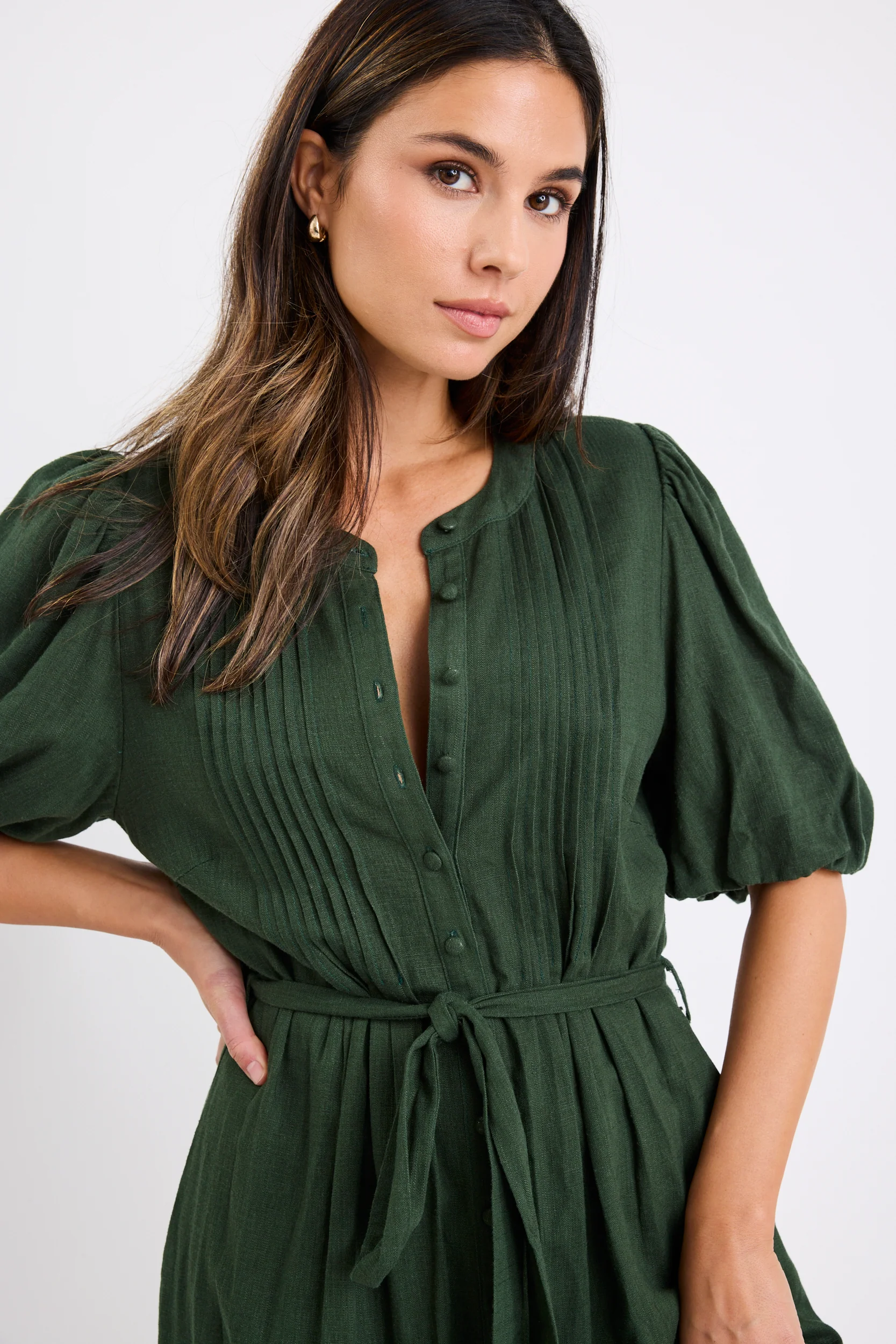 Emotion Forest Puff Sleeve Pin Tuck Midi Shirt Dress - Image 2