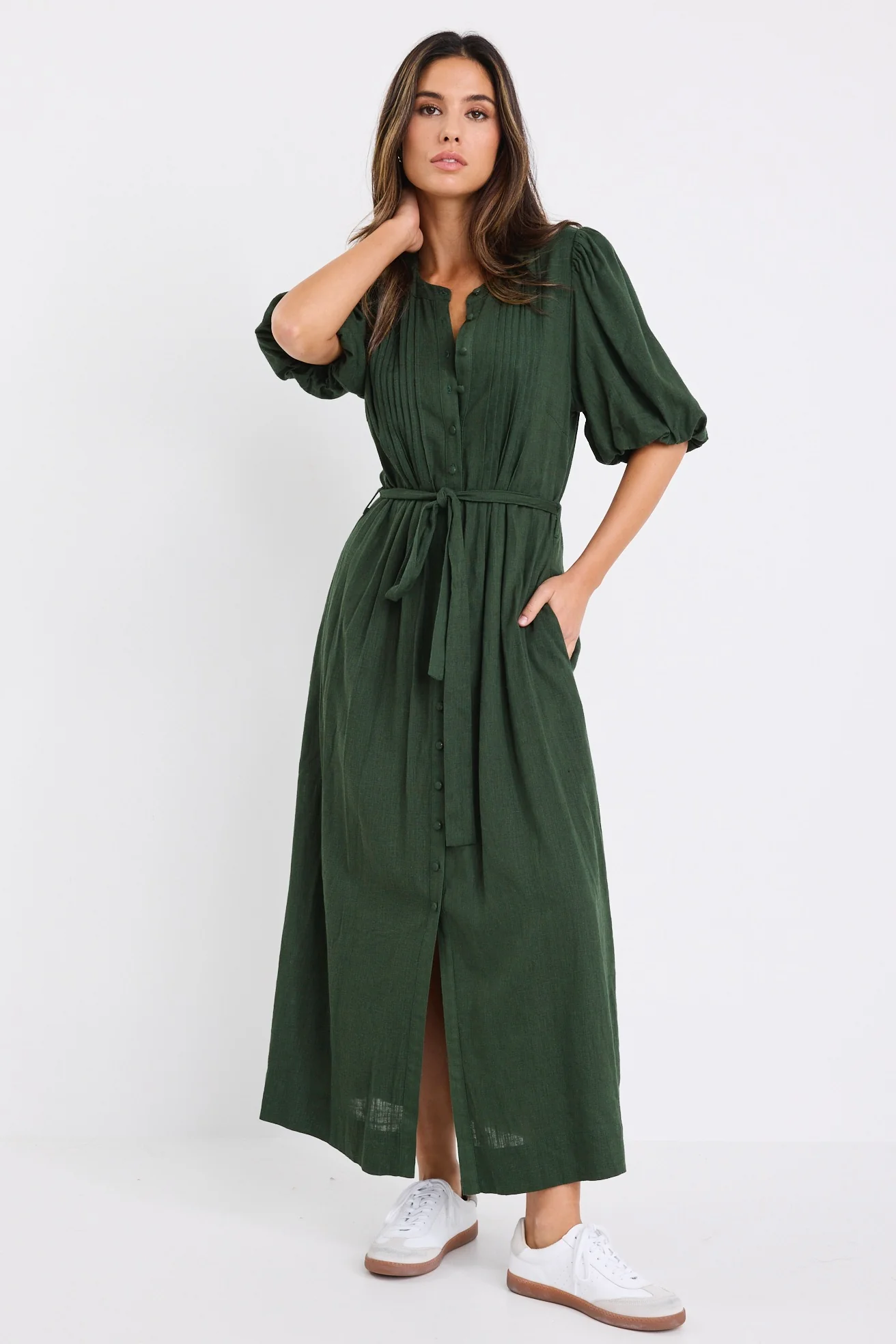 Emotion Forest Puff Sleeve Pin Tuck Midi Shirt Dress - Image 3