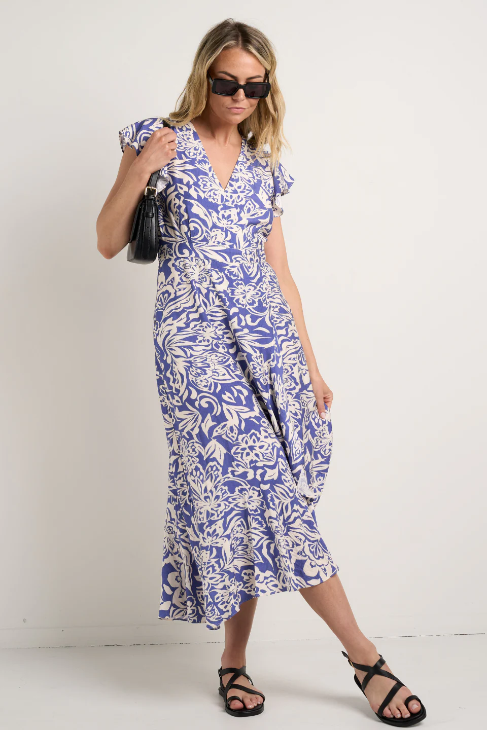 Emphasis Blue Shadow Floral Flutter Sleeve Wrap Midi Dress - Image 3