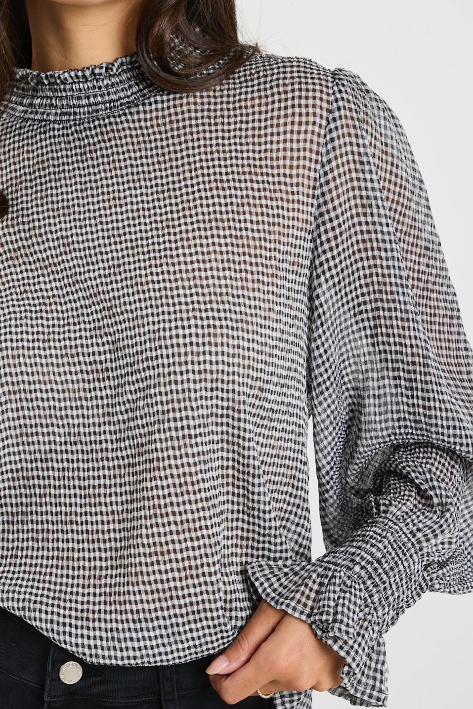 Emphatic Black Gingham Shirred Neck Ls Top - Image 5