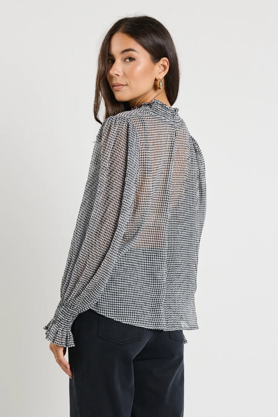 Emphatic Black Gingham Shirred Neck Ls Top - Image 6