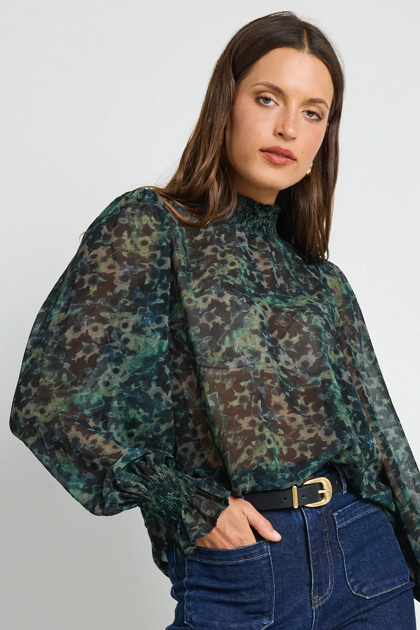 Emphatic Khaki Ditsy Print Shirred Neck Ls Top - Image 3