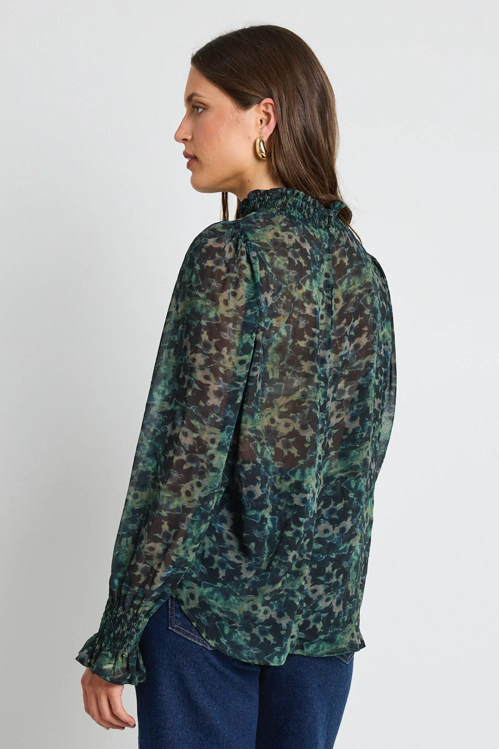 Emphatic Khaki Ditsy Print Shirred Neck Ls Top - Image 4