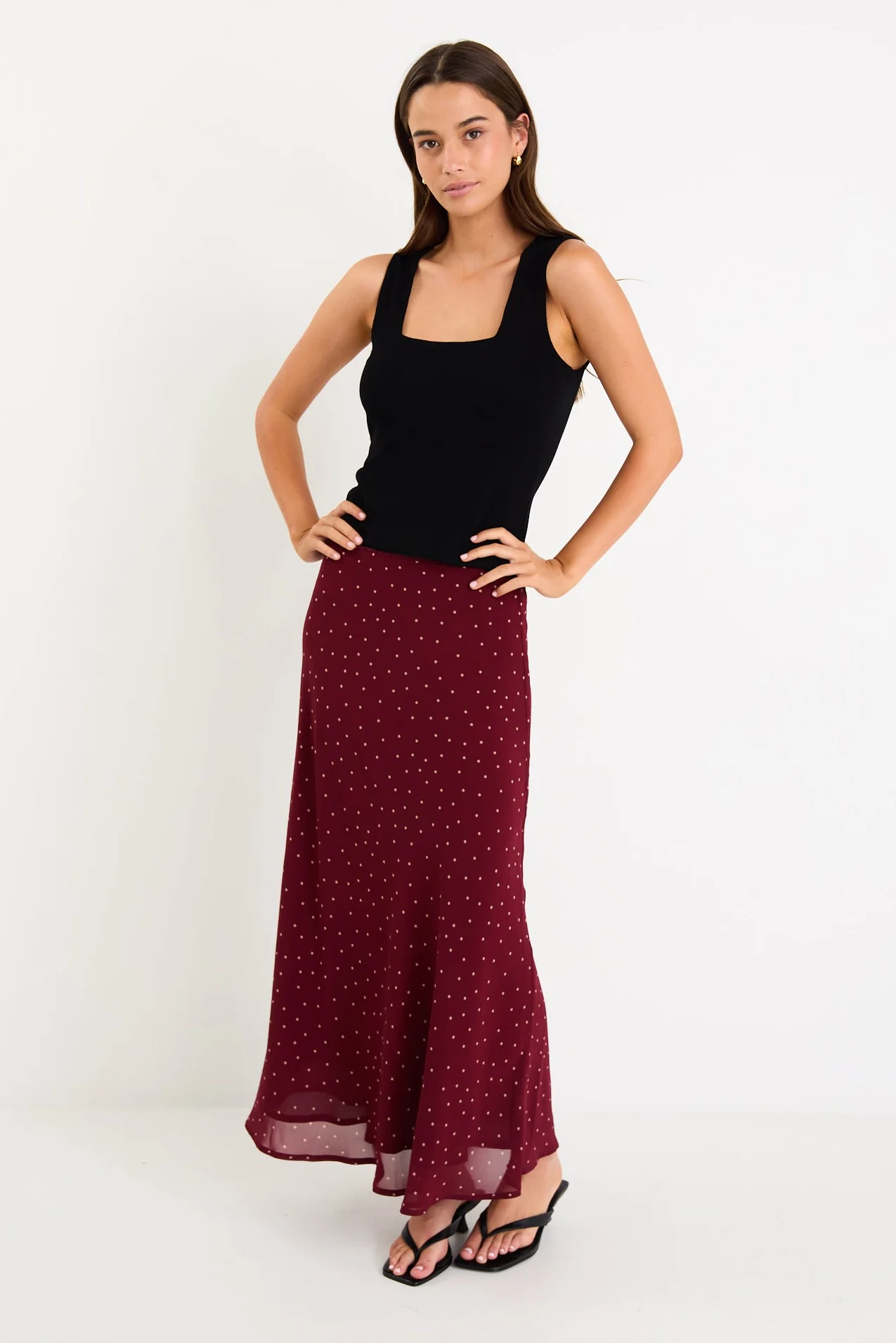 Emporium Burgundy Polka Dot Georgette Bias Cut Midi Skirt - Image 2