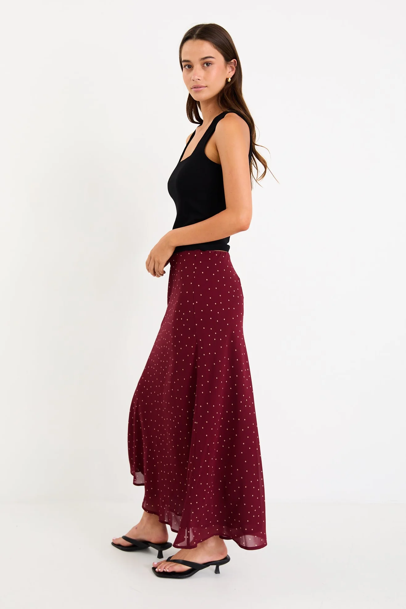 Emporium Burgundy Polka Dot Georgette Bias Cut Midi Skirt - Image 3