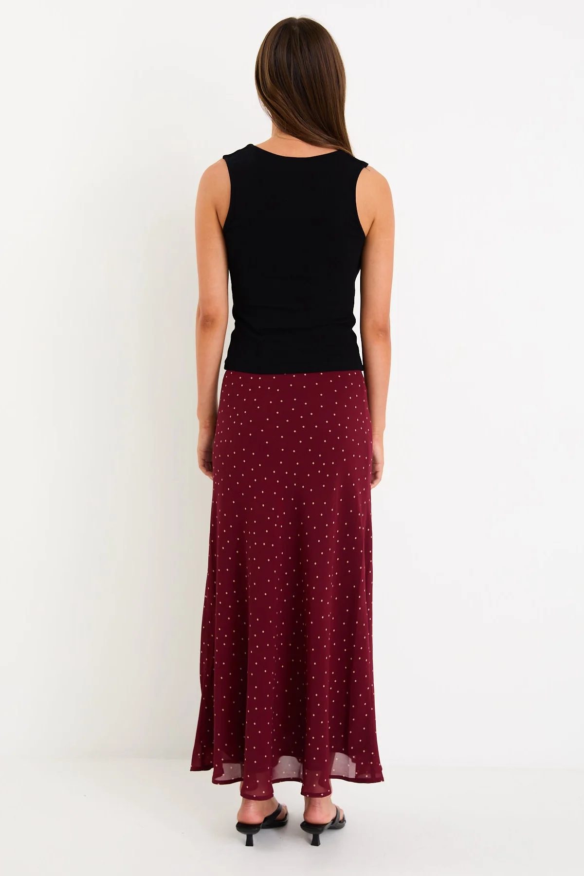 Emporium Burgundy Polka Dot Georgette Bias Cut Midi Skirt - Image 4