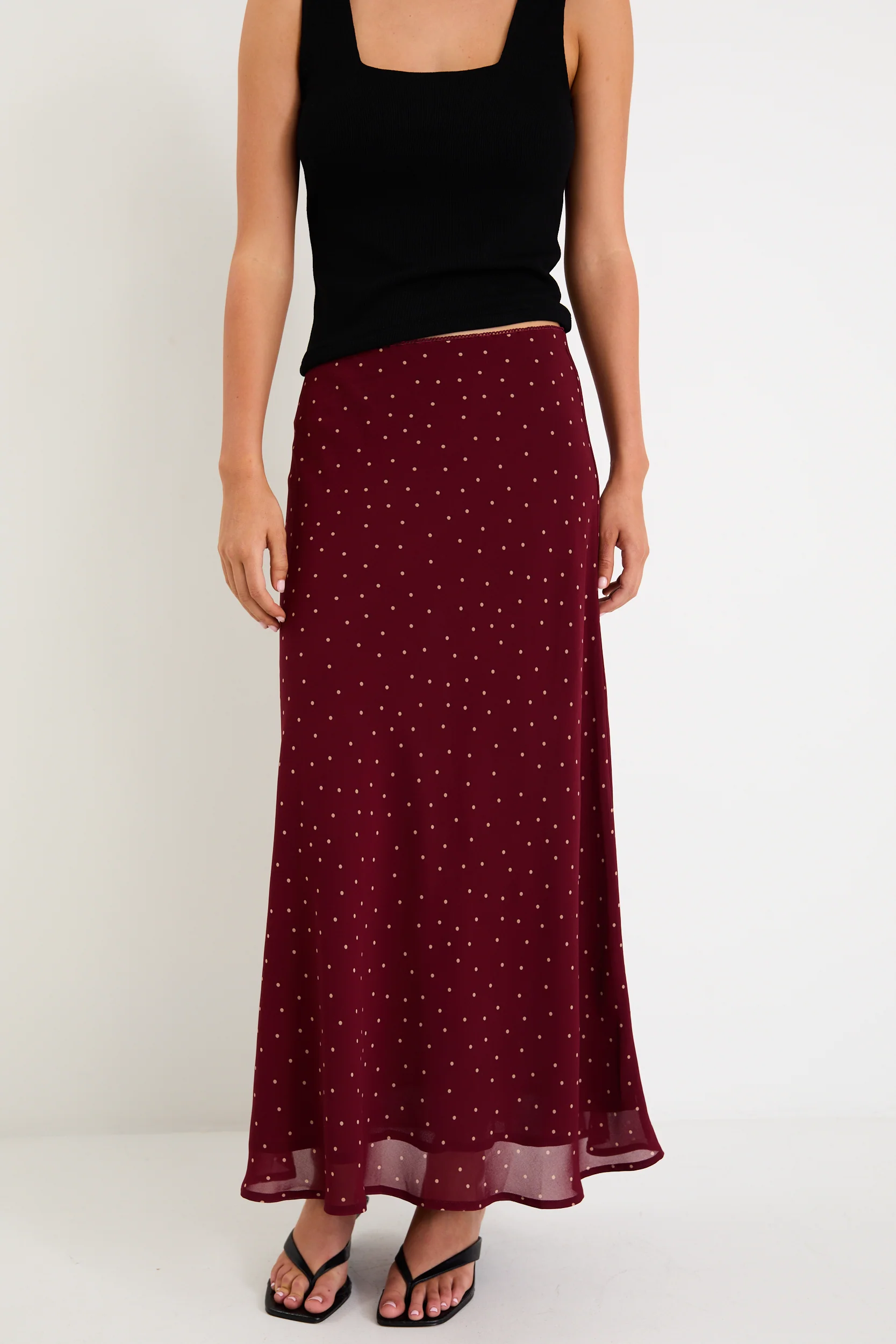 Emporium Burgundy Polka Dot Georgette Bias Cut Midi Skirt - Image 5