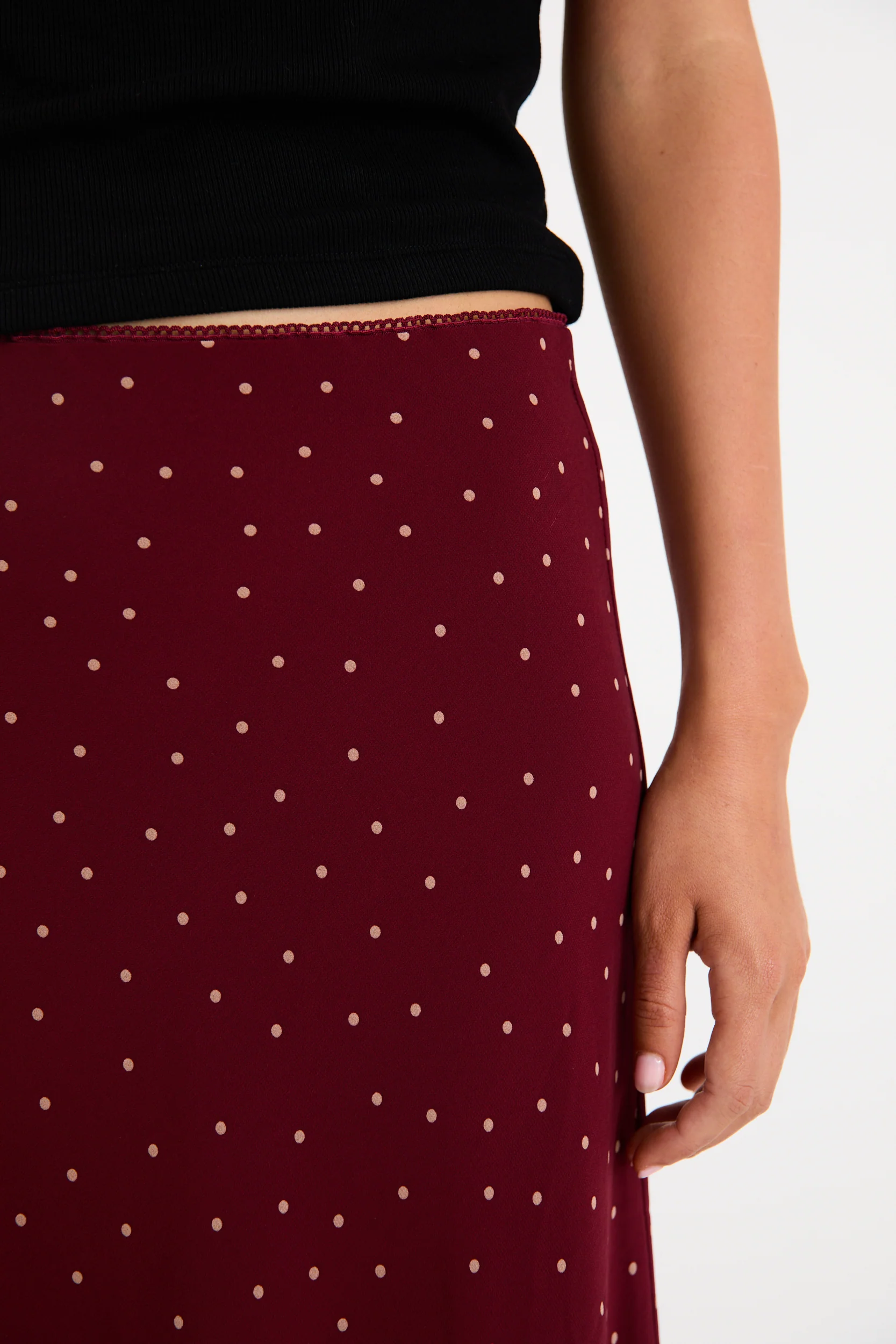 Emporium Burgundy Polka Dot Georgette Bias Cut Midi Skirt - Image 6