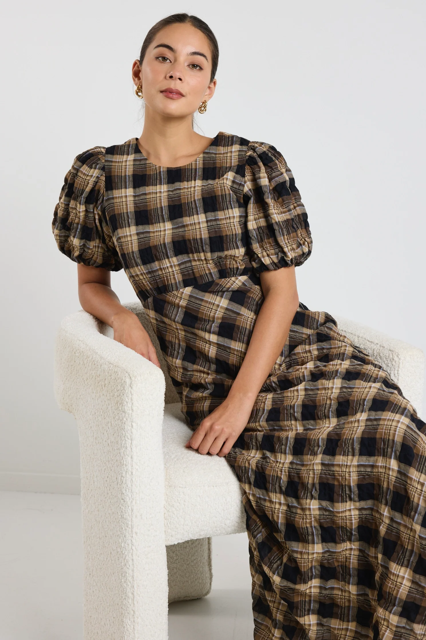 Encore Caramel Check SS Bias Maxi Dress - Image 3