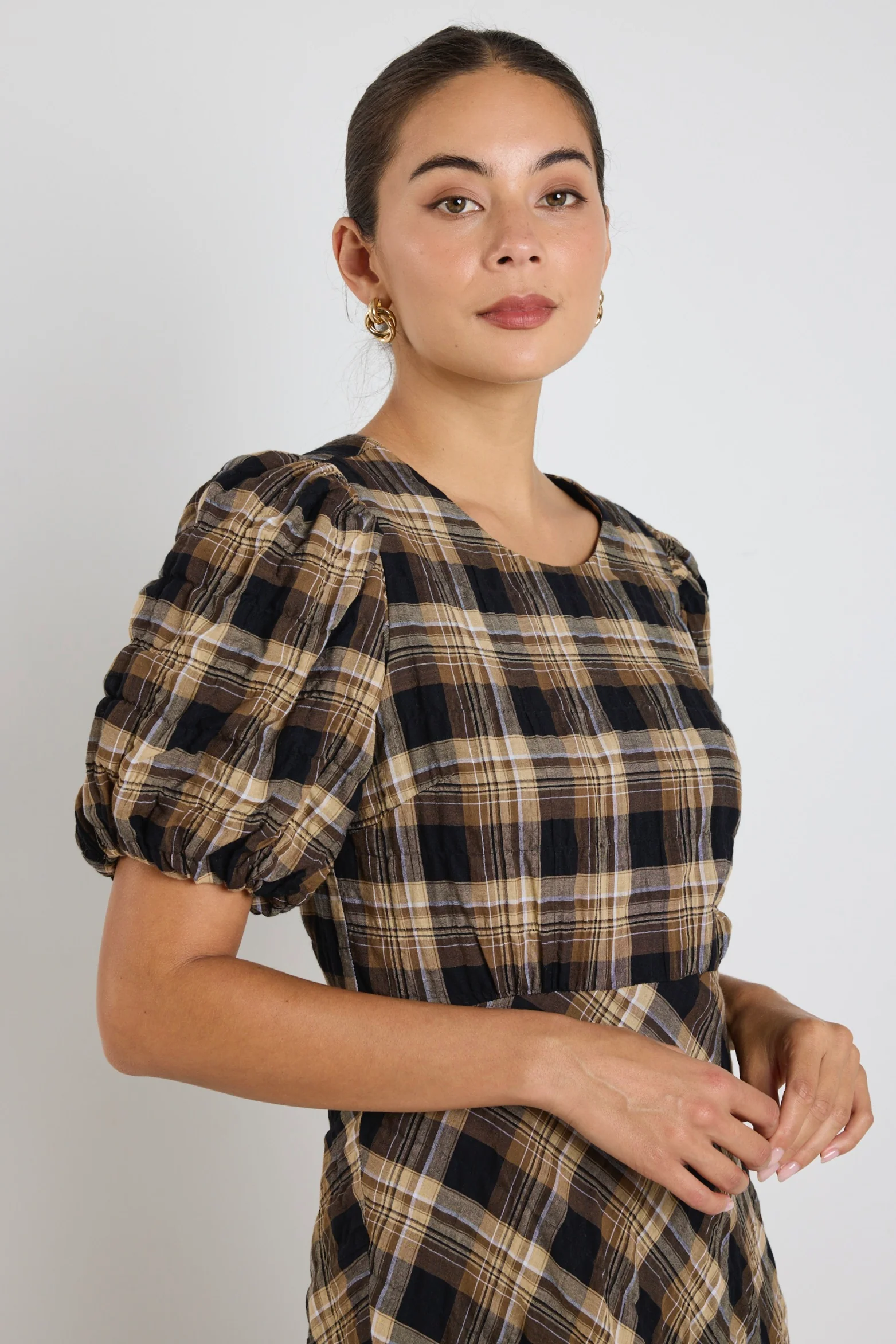 Encore Caramel Check SS Bias Maxi Dress - Image 4