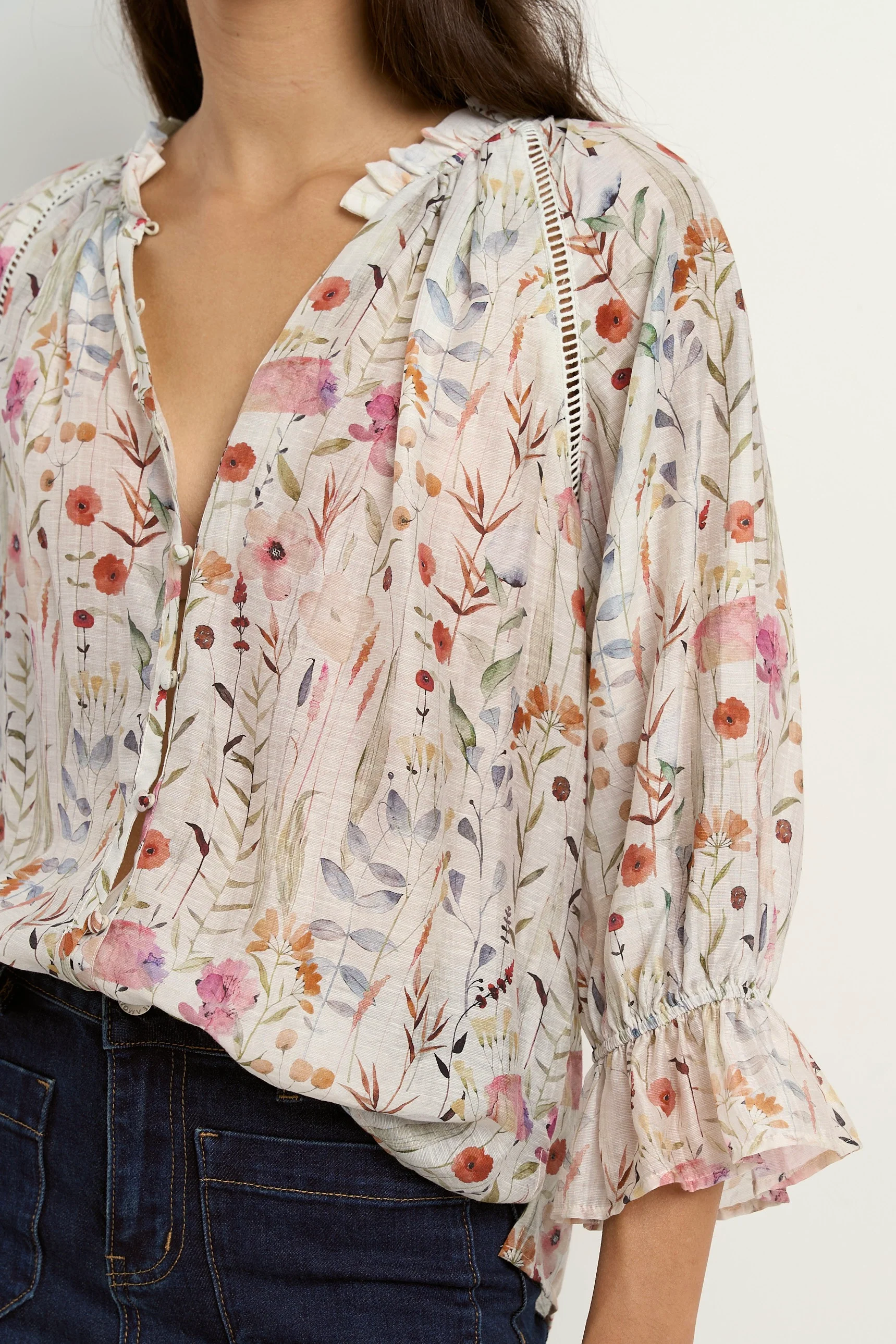 Encounter Cream Floral Gathered Button Front Top - Image 3