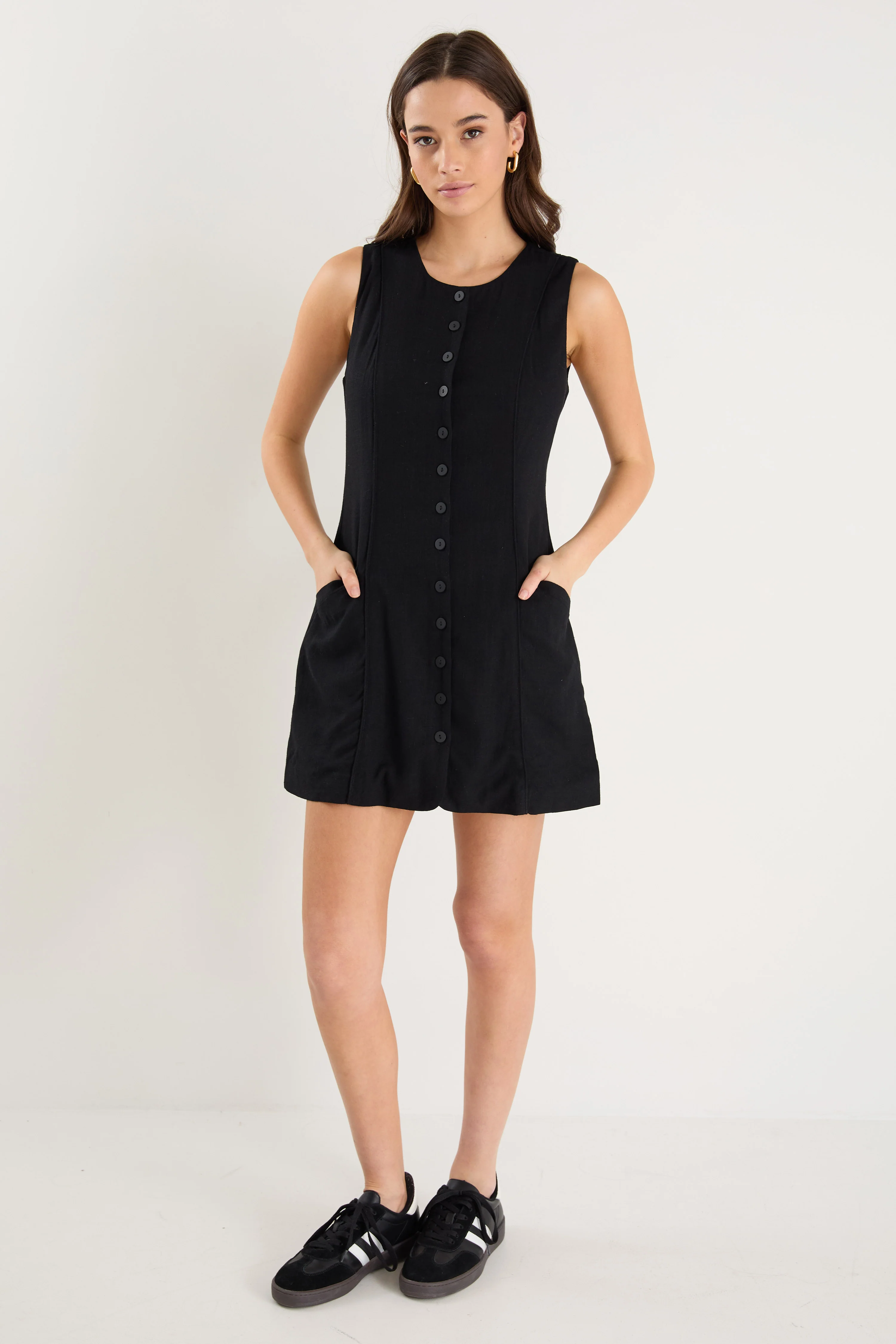 Escape Black Linen Blend Mini Vest Dress - Image 2
