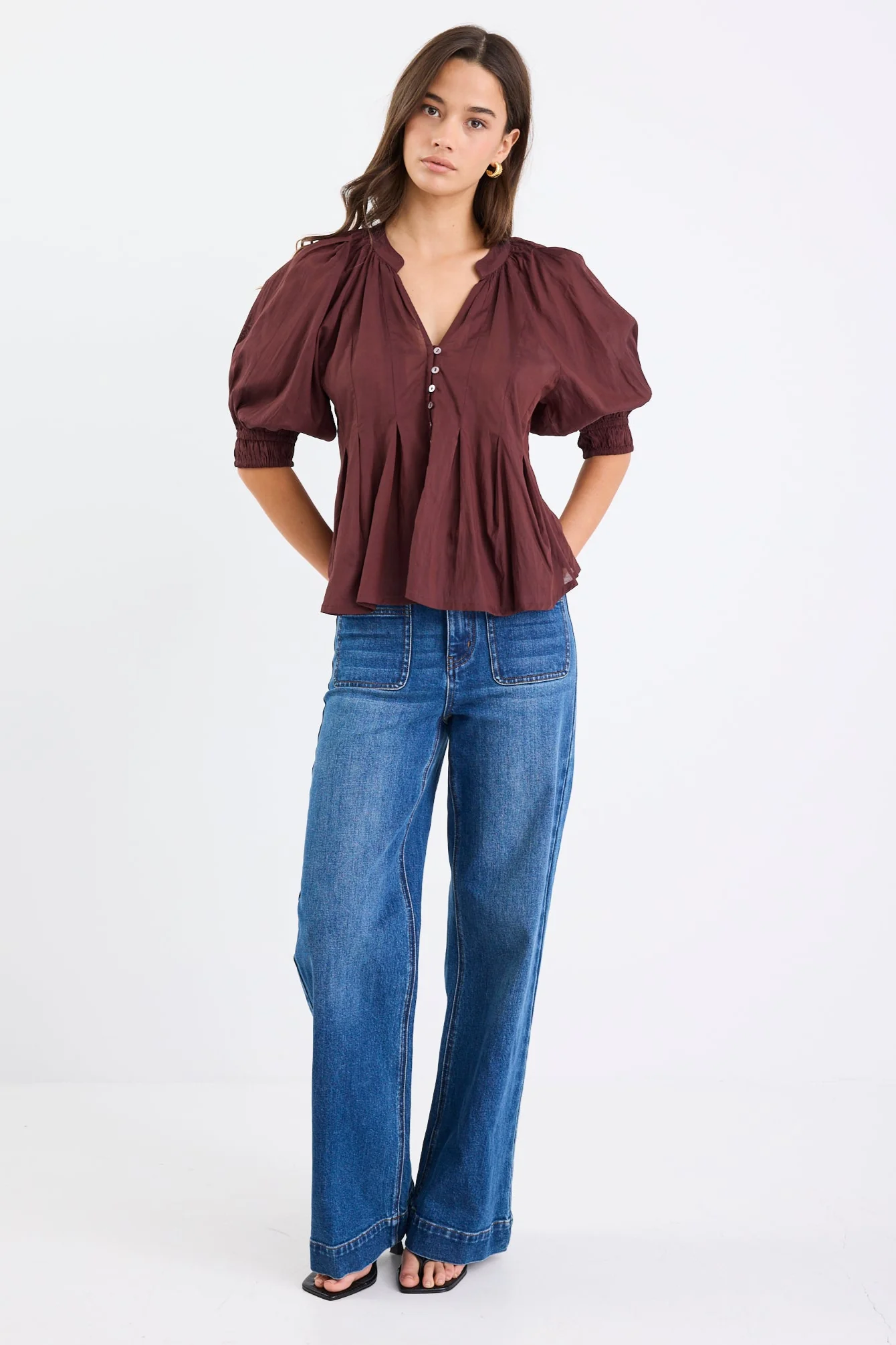 Esteem Chocolate Voile Pleated Short Sleeve Button-Through Top - Image 2