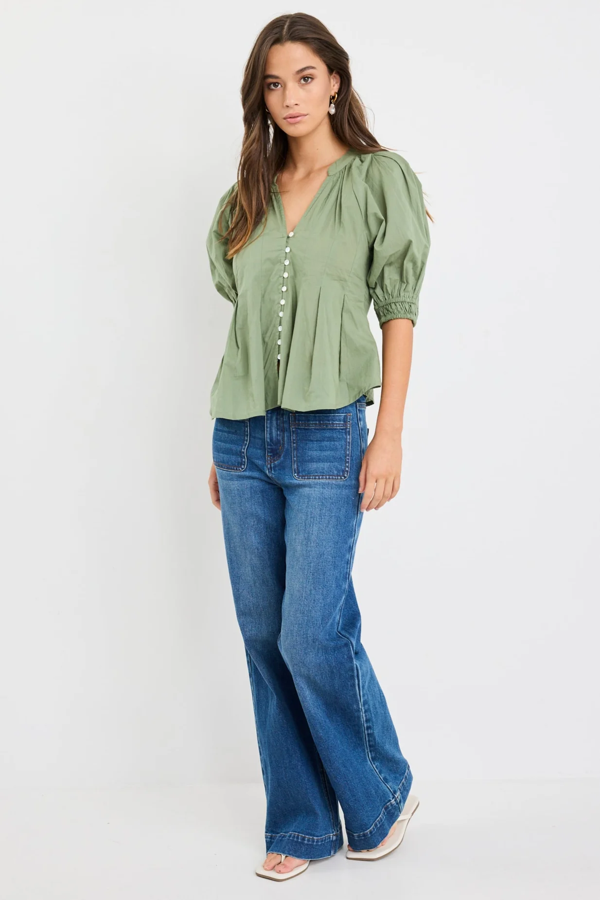 Esteem Moss Pleated SS Button Through Top - Image 3