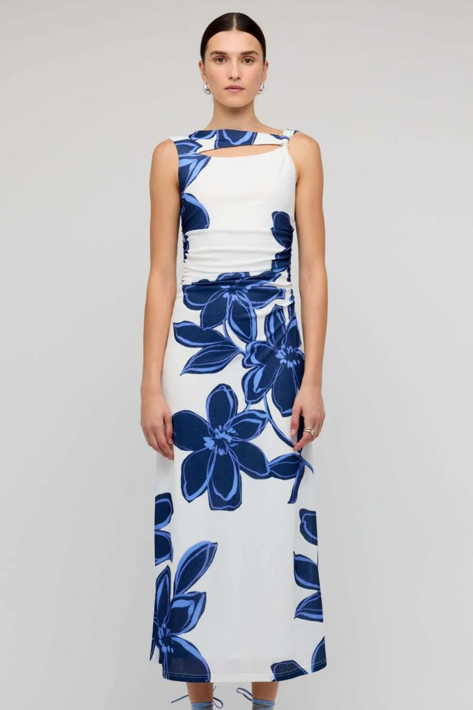 Ethos Blue White Floral Cutout Sleeveless Mesh Midi Dress - Image 2