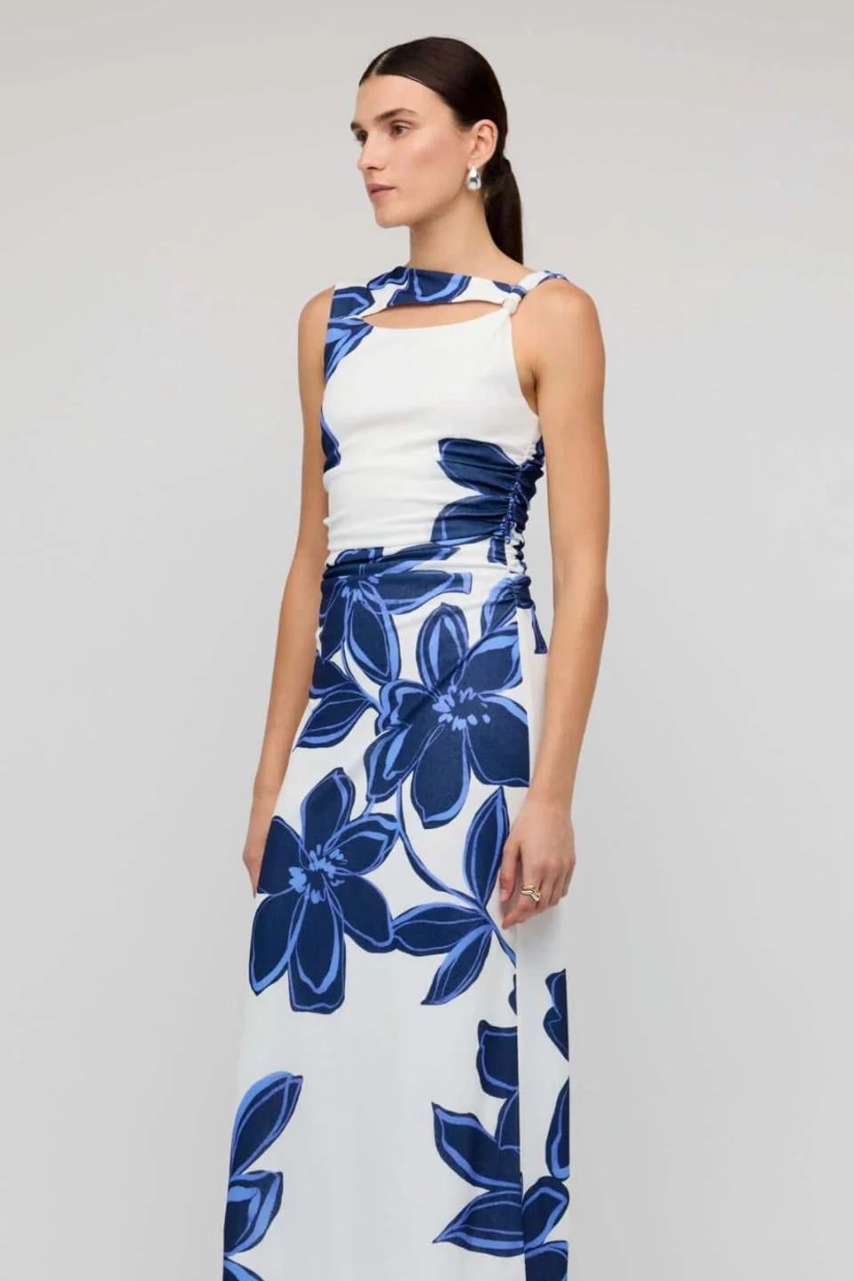 Ethos Blue White Floral Cutout Sleeveless Mesh Midi Dress - Image 3