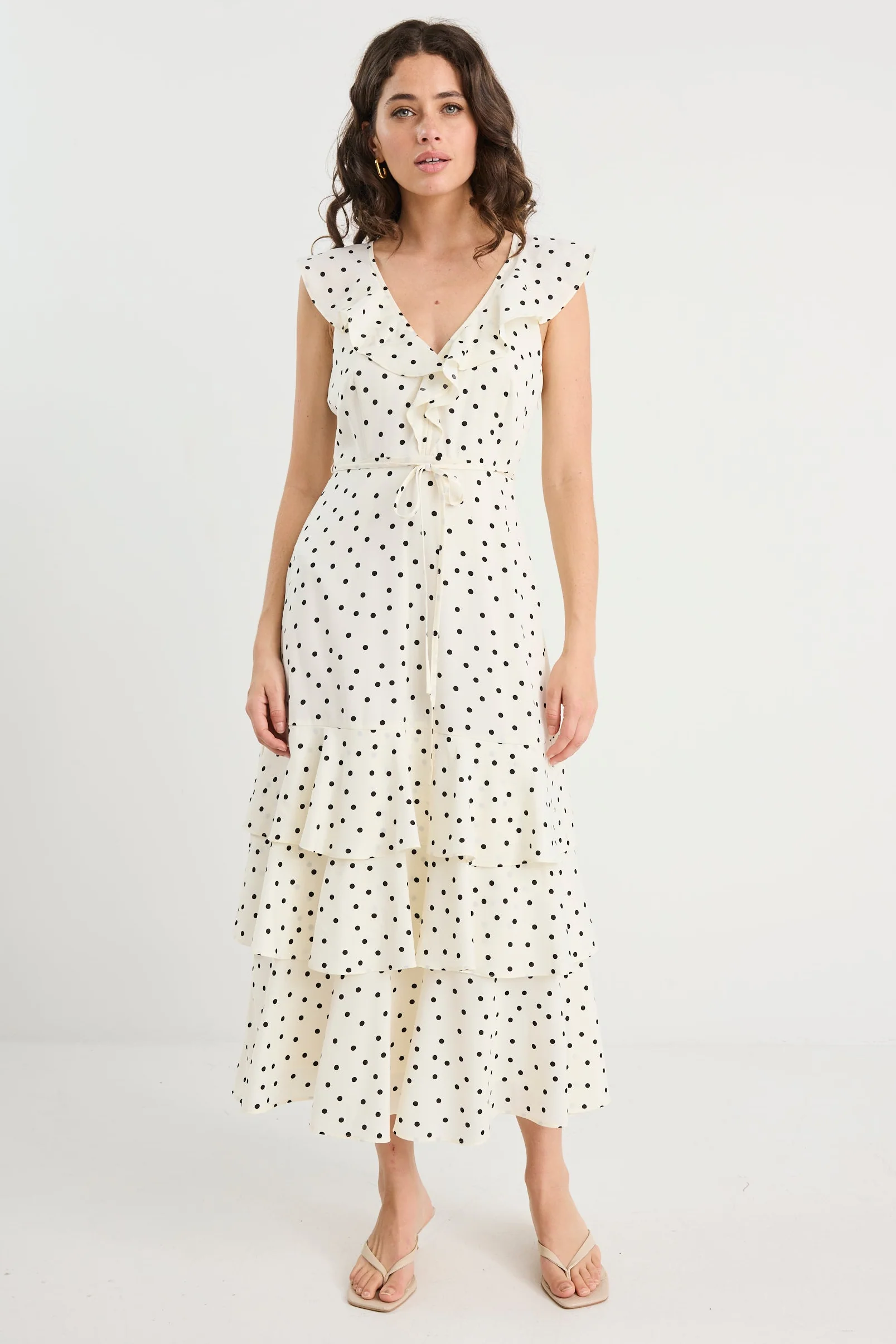 Everly Cream Polka Dot Flutter Sleeve Tiered Maxi Dress - Image 4