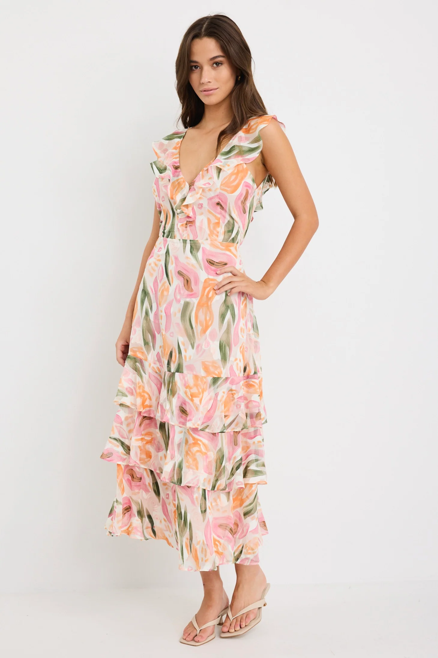 Everly Pink Abstract Print Flutter Sleeve Tiered Maxi Dress - Image 3