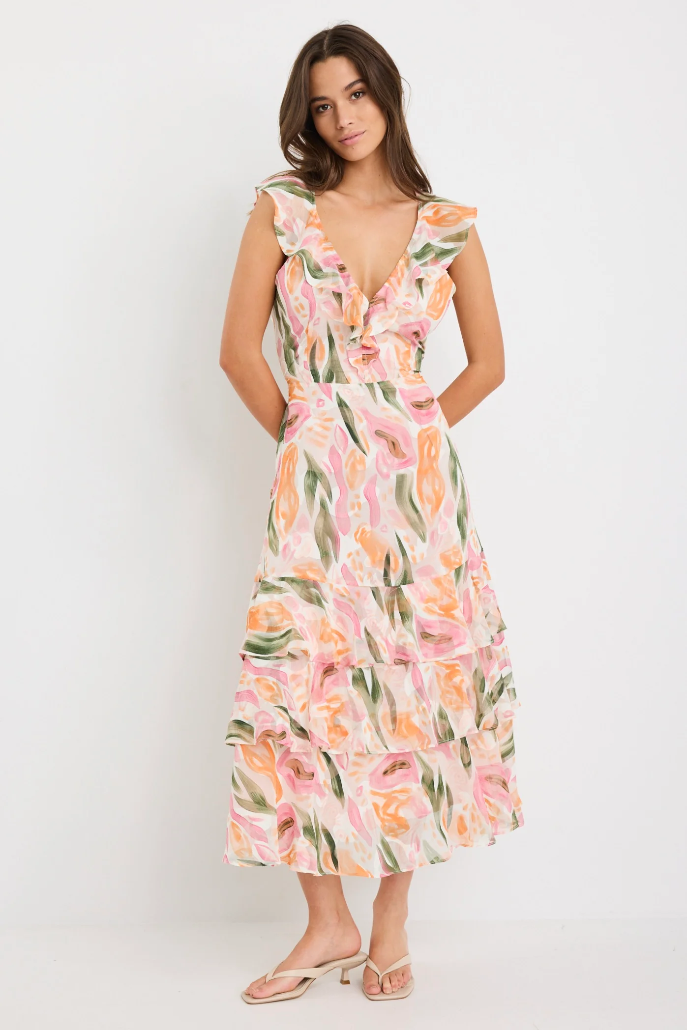 Everly Pink Abstract Print Flutter Sleeve Tiered Maxi Dress - Image 5