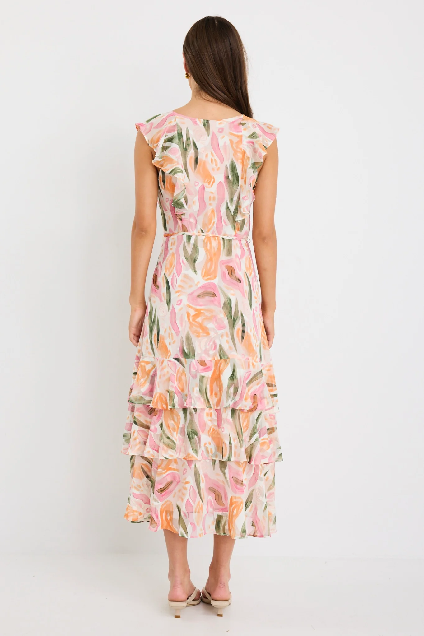 Everly Pink Abstract Print Flutter Sleeve Tiered Maxi Dress - Image 6