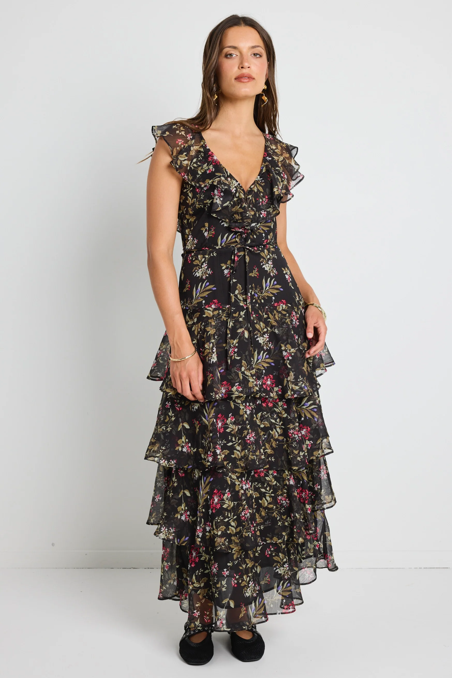 Everly Black Posy Floral Flutter Sleeve Tiered Maxi Dress - Image 5