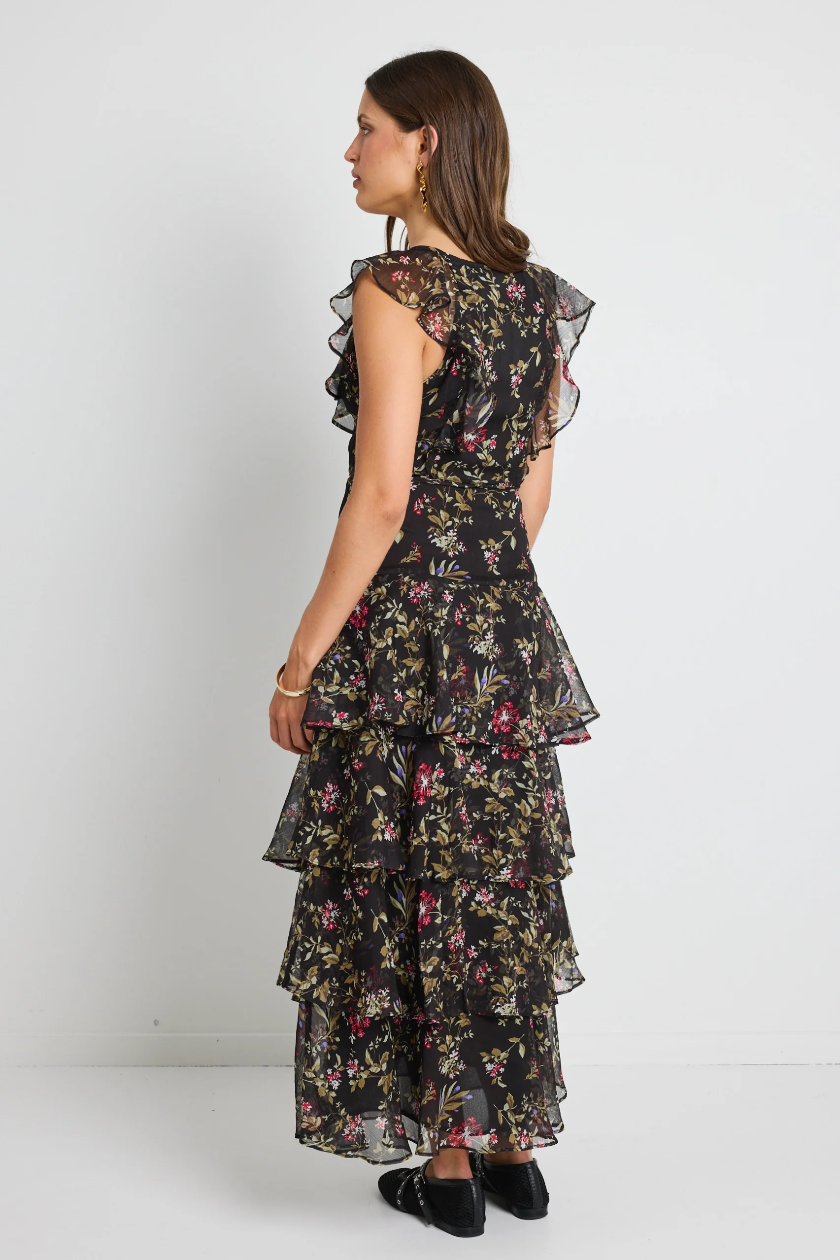 Everly Black Posy Floral Flutter Sleeve Tiered Maxi Dress - Image 6