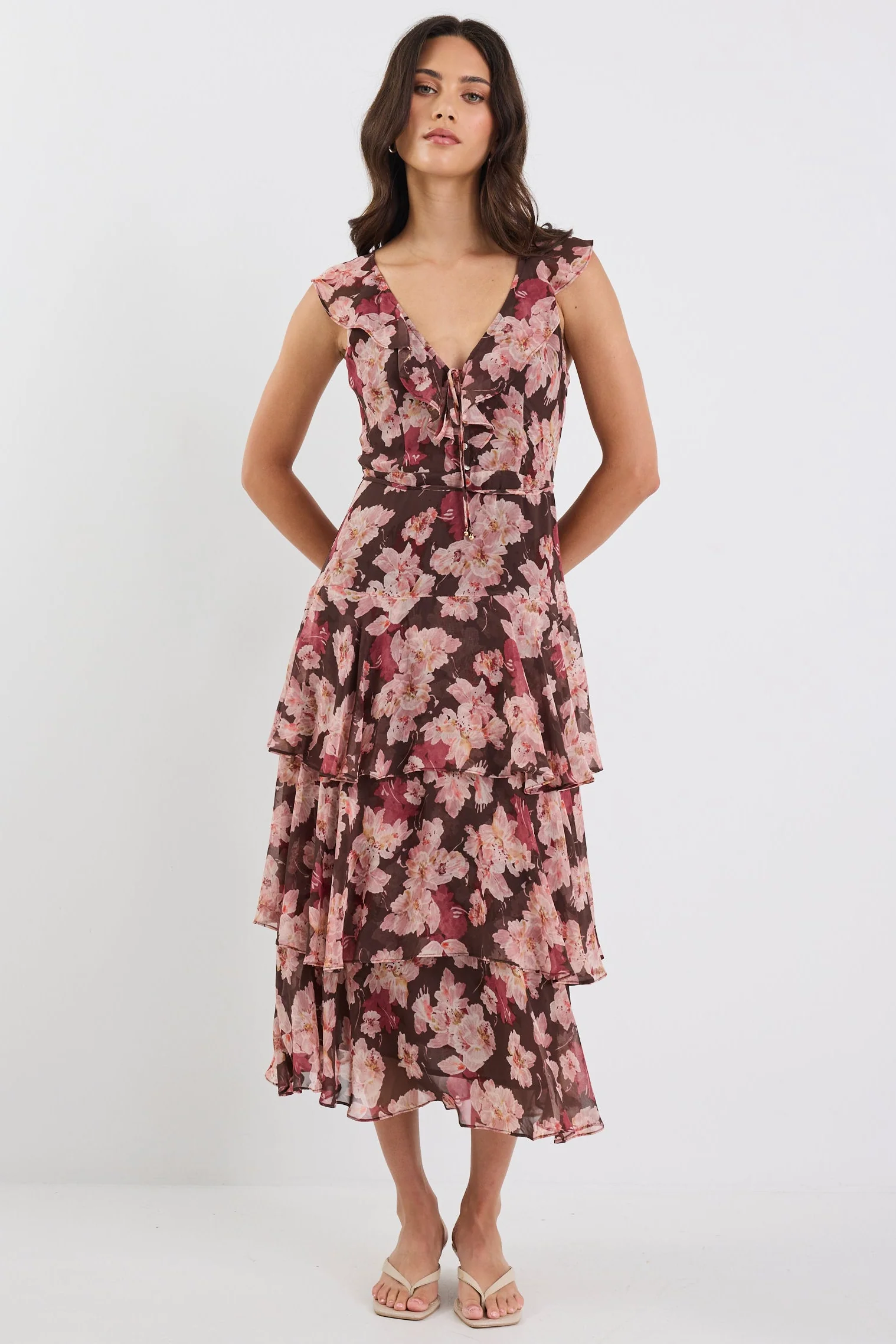 Evidently Chocolate Floral Flutter Sleeve Tiered Midi Dress - Image 2