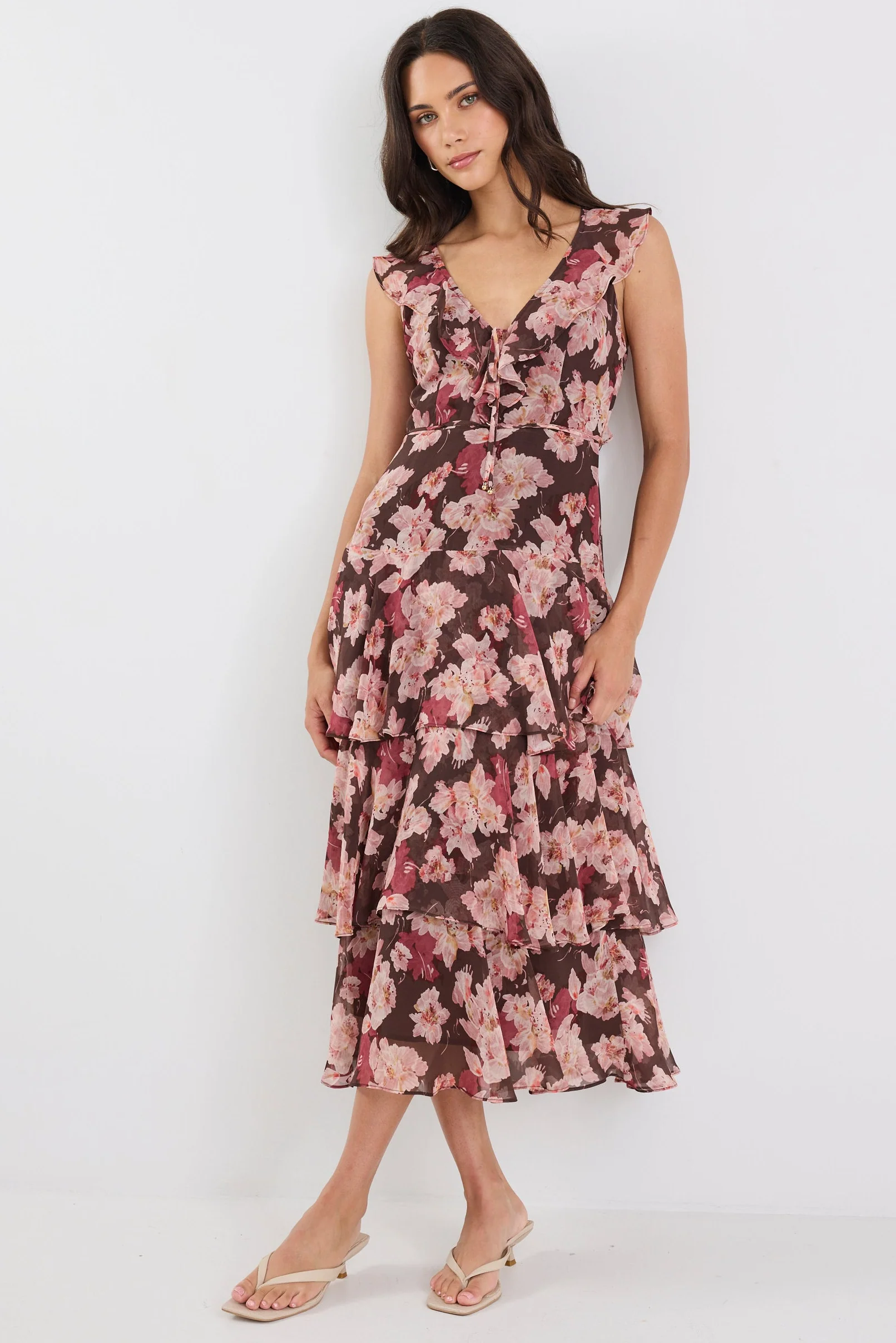 Evidently Chocolate Floral Flutter Sleeve Tiered Midi Dress - Image 4