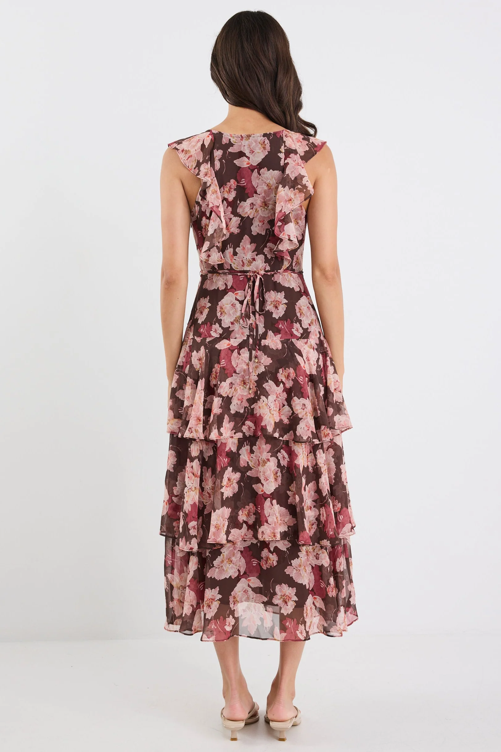 Evidently Chocolate Floral Flutter Sleeve Tiered Midi Dress - Image 5