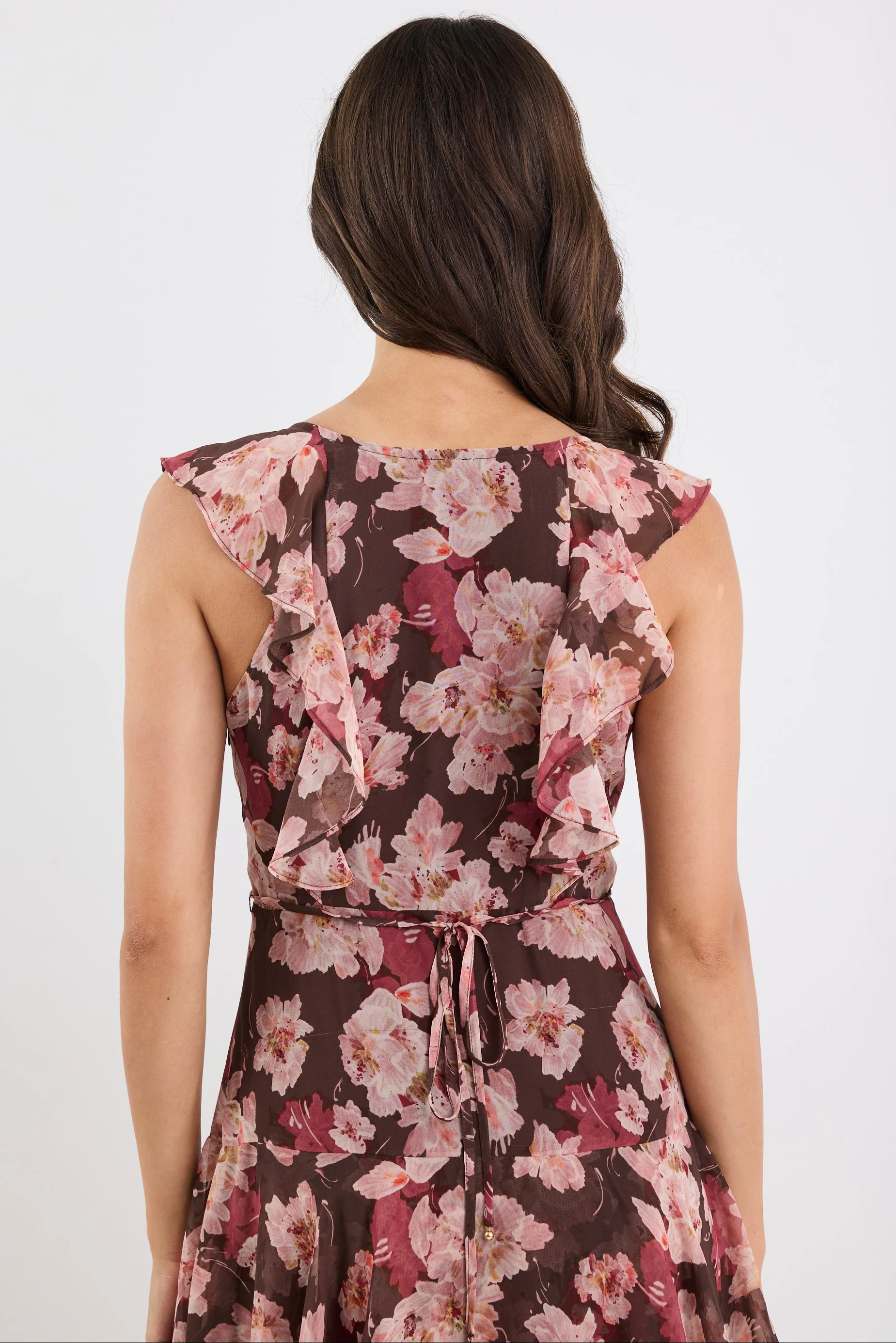 Evidently Chocolate Floral Flutter Sleeve Tiered Midi Dress - Image 6