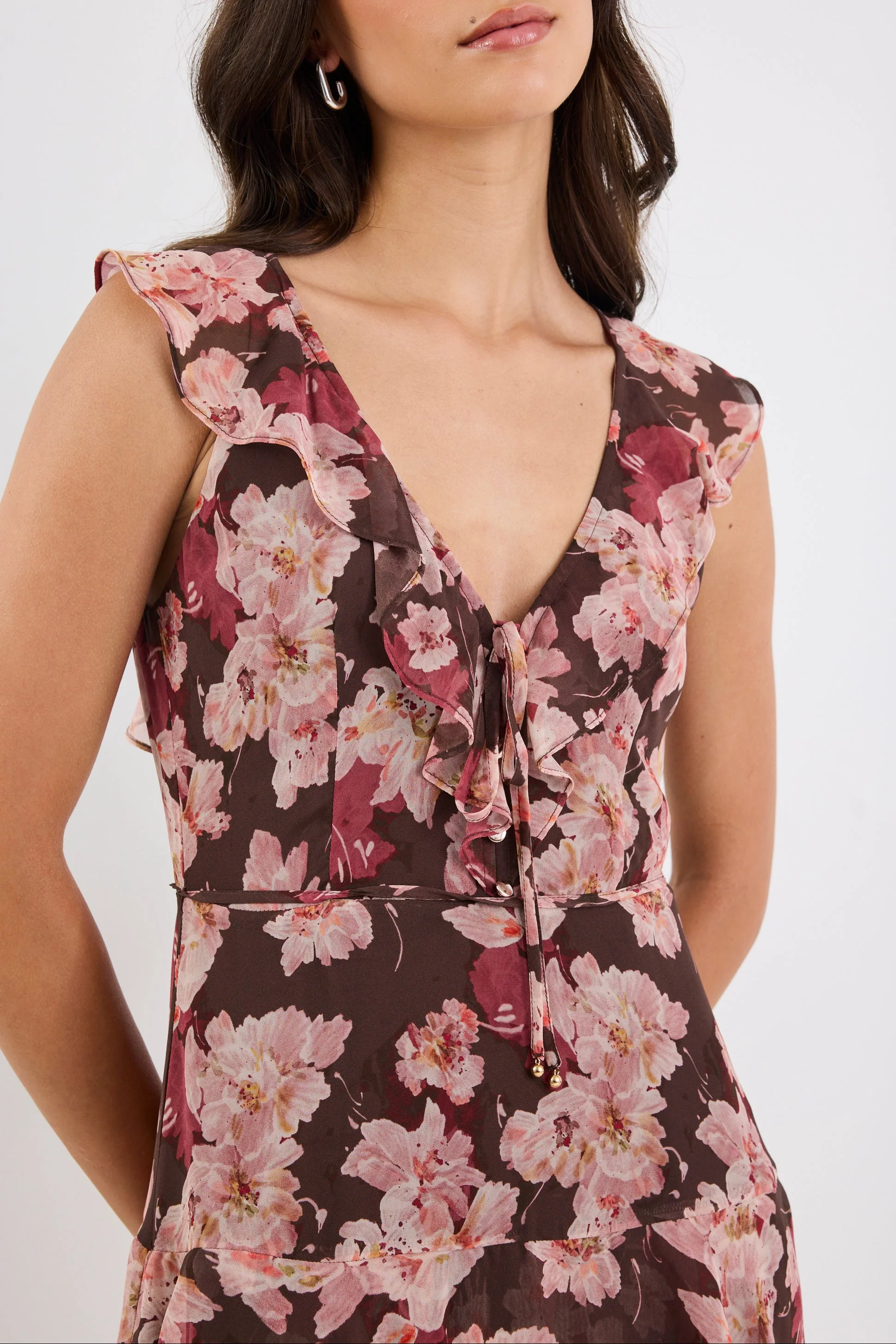 Evidently Chocolate Floral Flutter Sleeve Tiered Midi Dress - Image 7