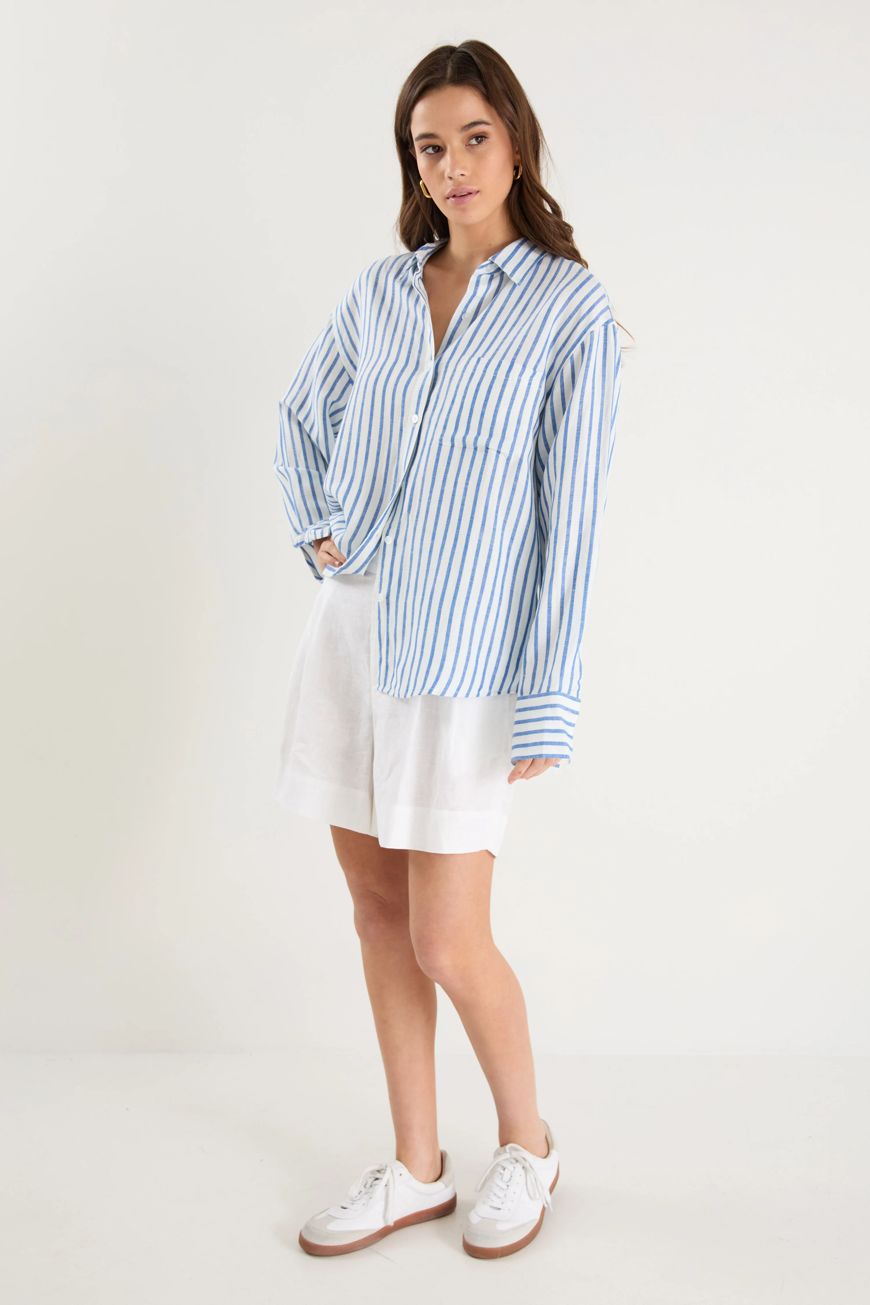Exalted Blue Stripe Linen Viscose Oversized Shirt - Image 2