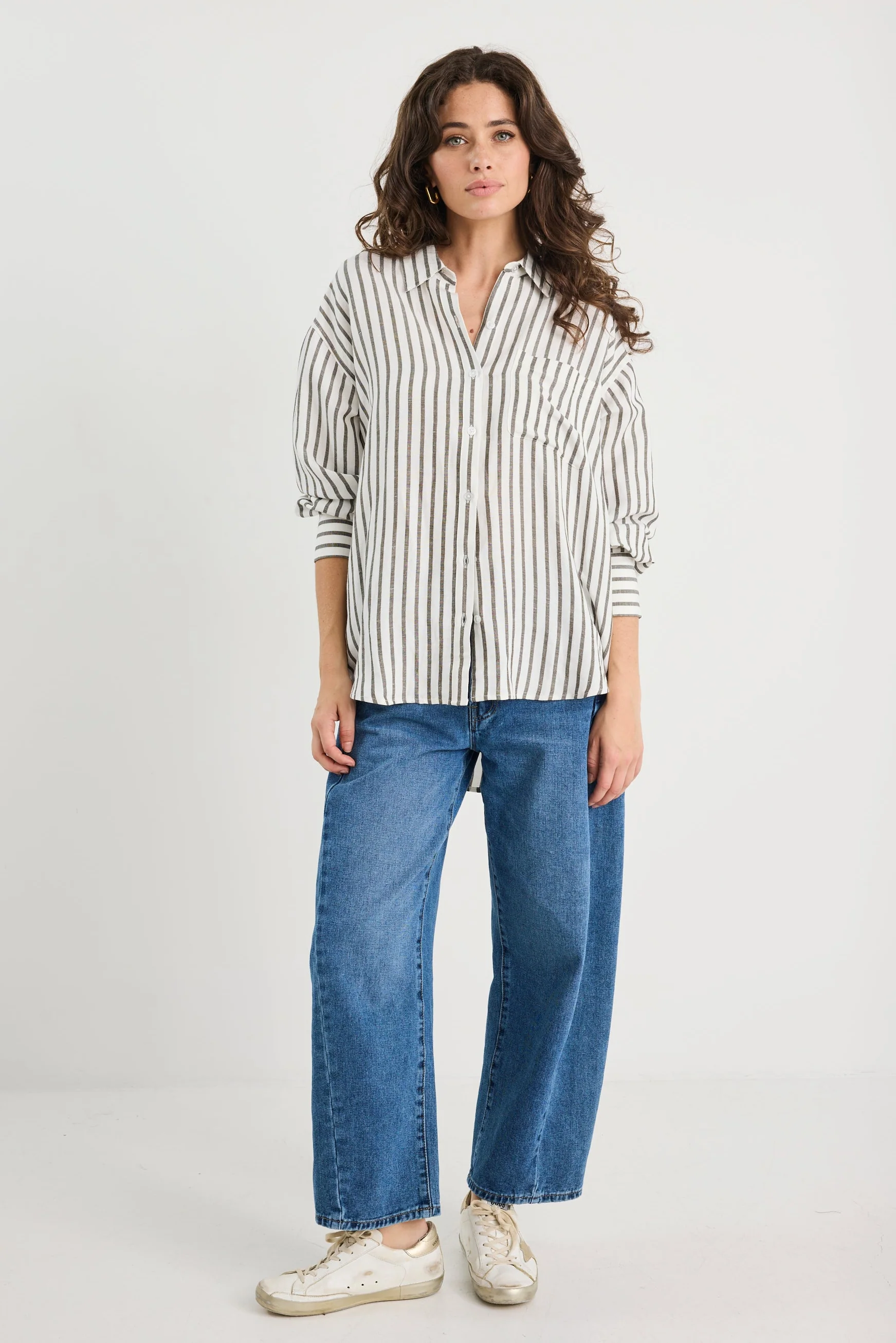Exalted Green Stripe Linen Viscose Oversized Shirt - Image 2