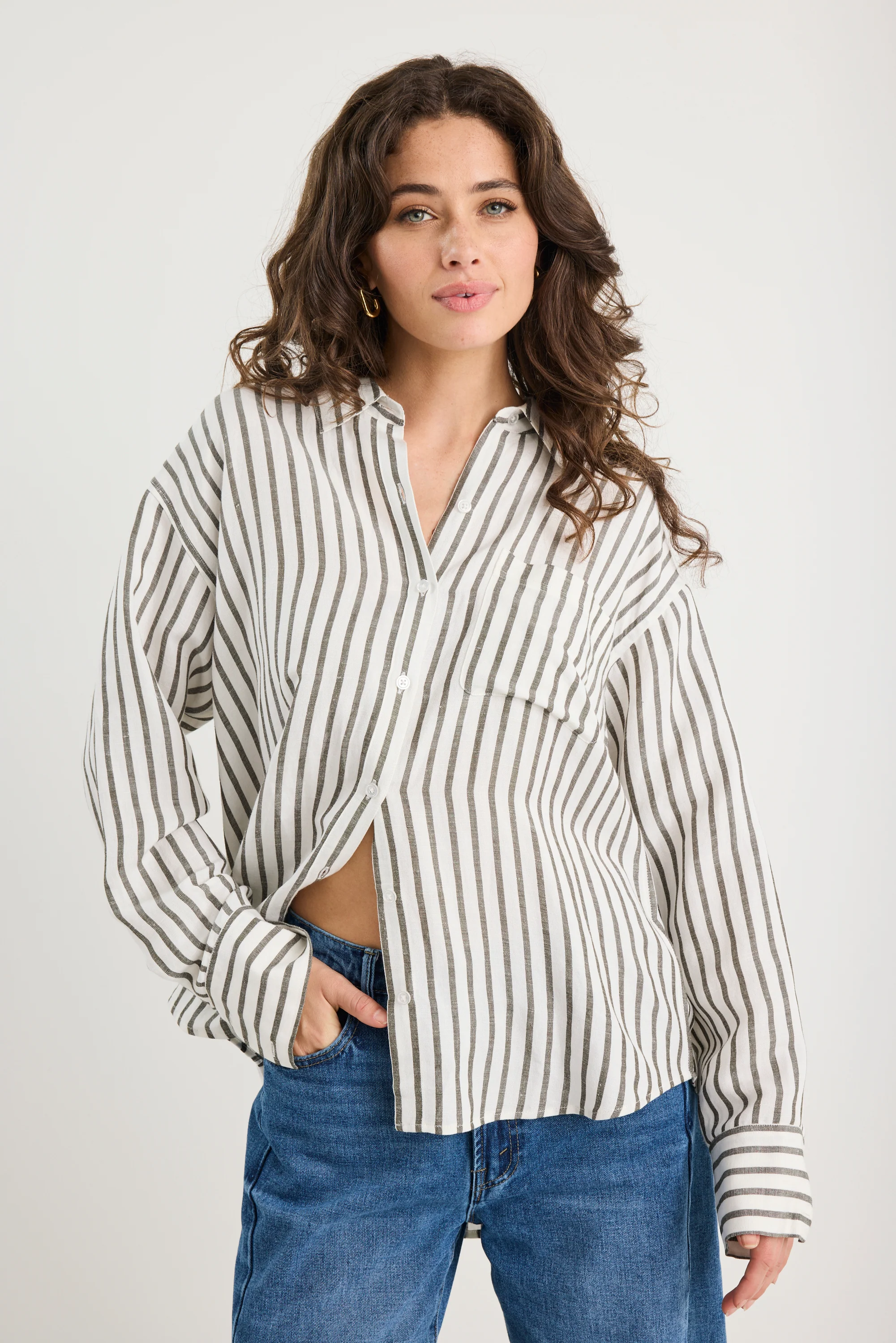 Exalted Green Stripe Linen Viscose Oversized Shirt - Image 3