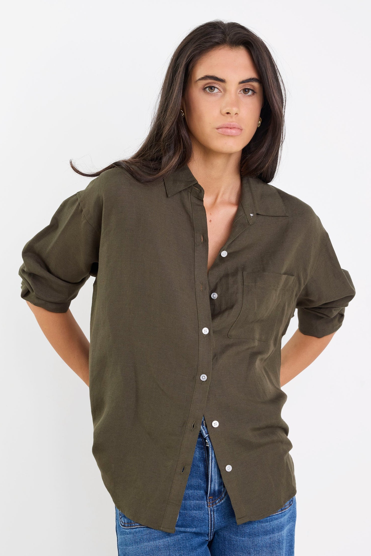 Exalted Khaki Linen Viscose Oversized Shirt - Image 3