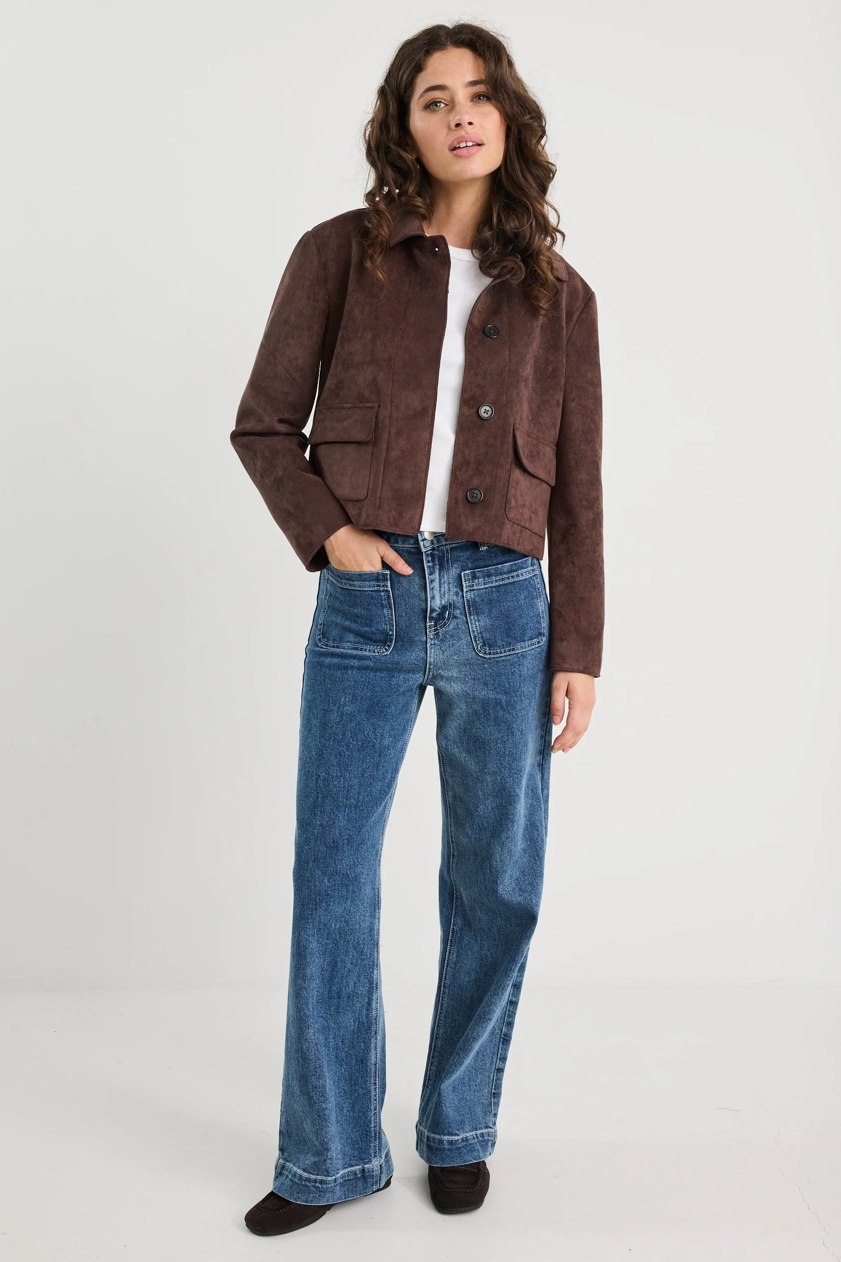 Exhibit Chocolate Faux Suede Button Front Cropped Jacket - Image 2