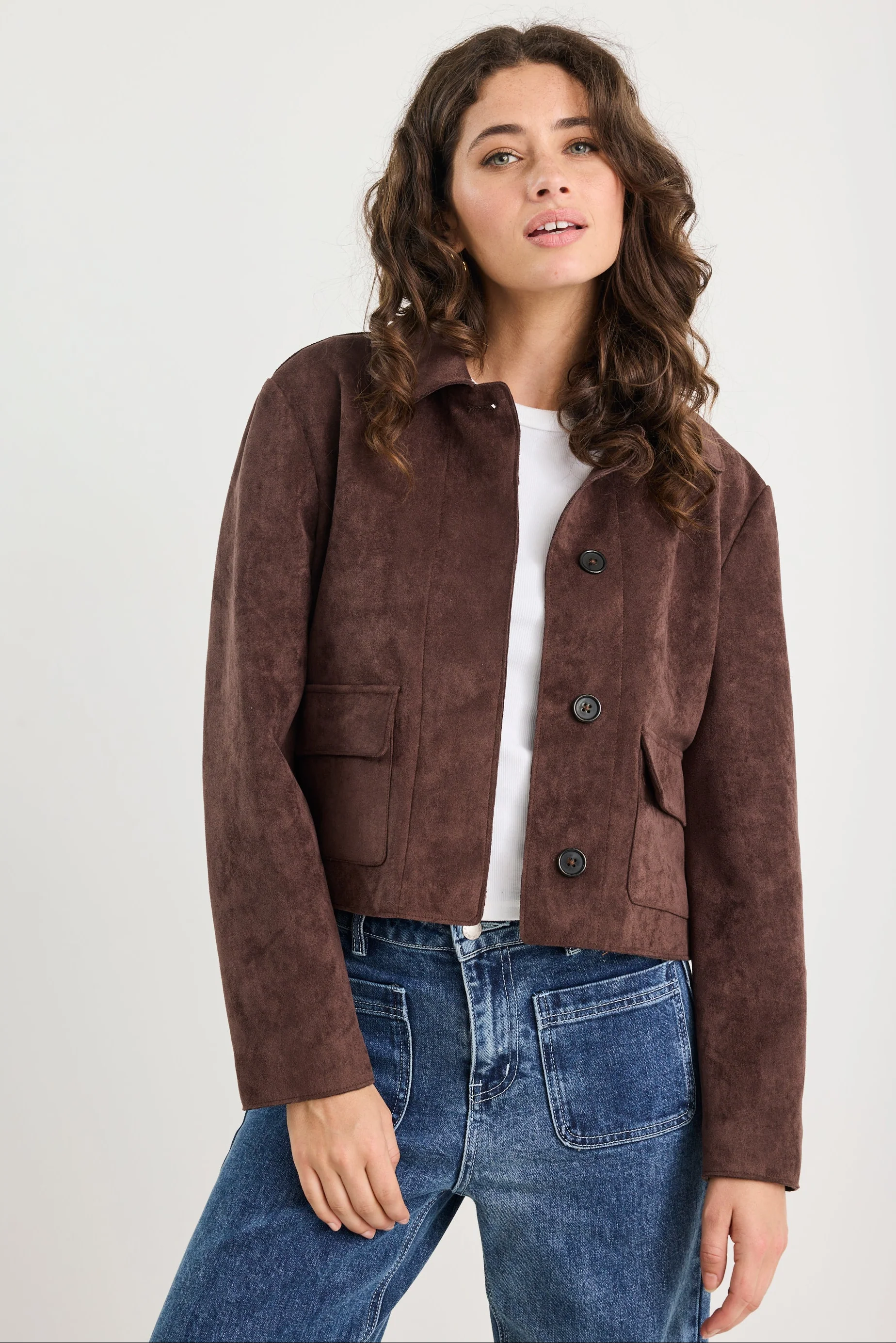 Exhibit Chocolate Faux Suede Button Front Cropped Jacket - Image 3