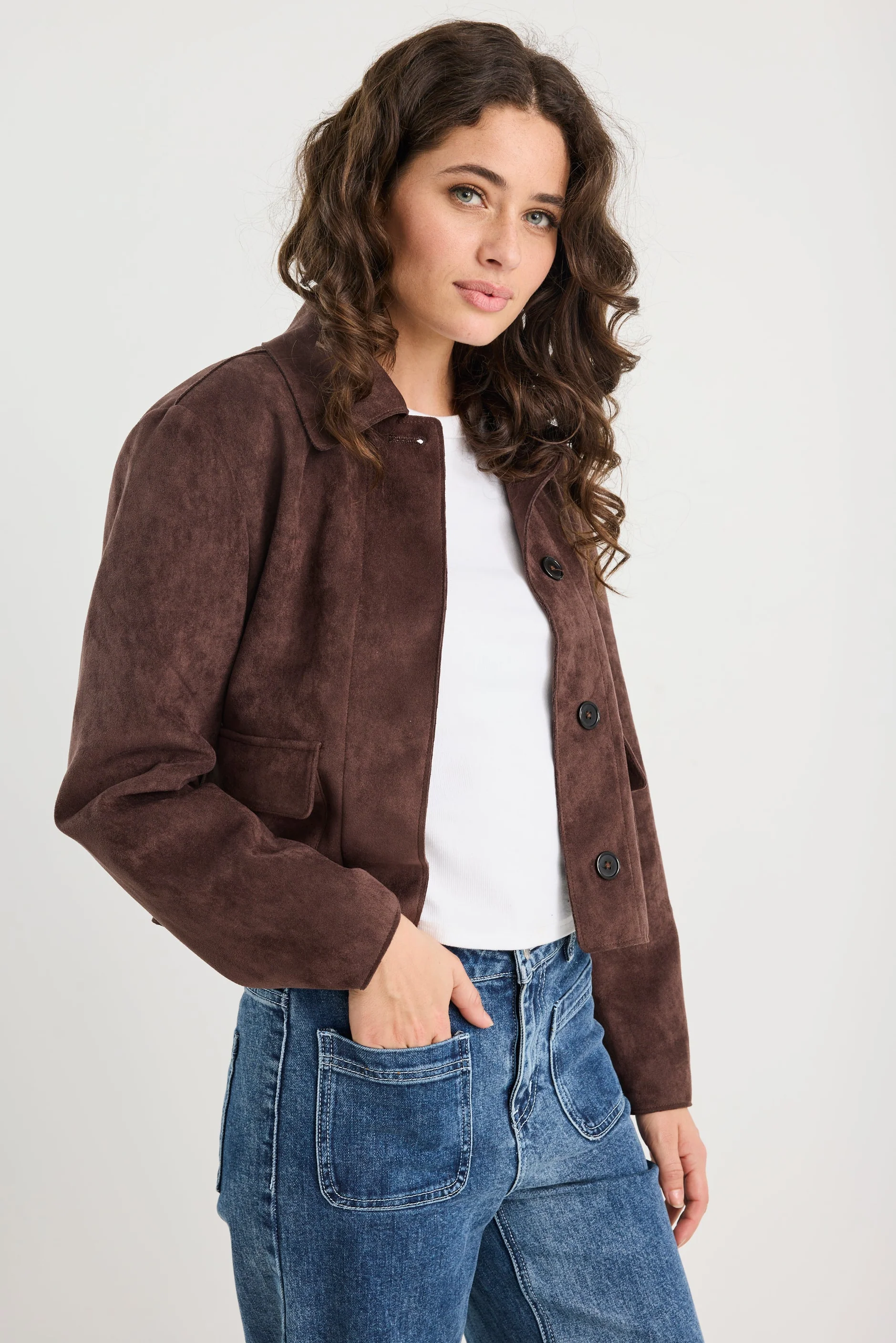 Exhibit Chocolate Faux Suede Button Front Cropped Jacket - Image 4