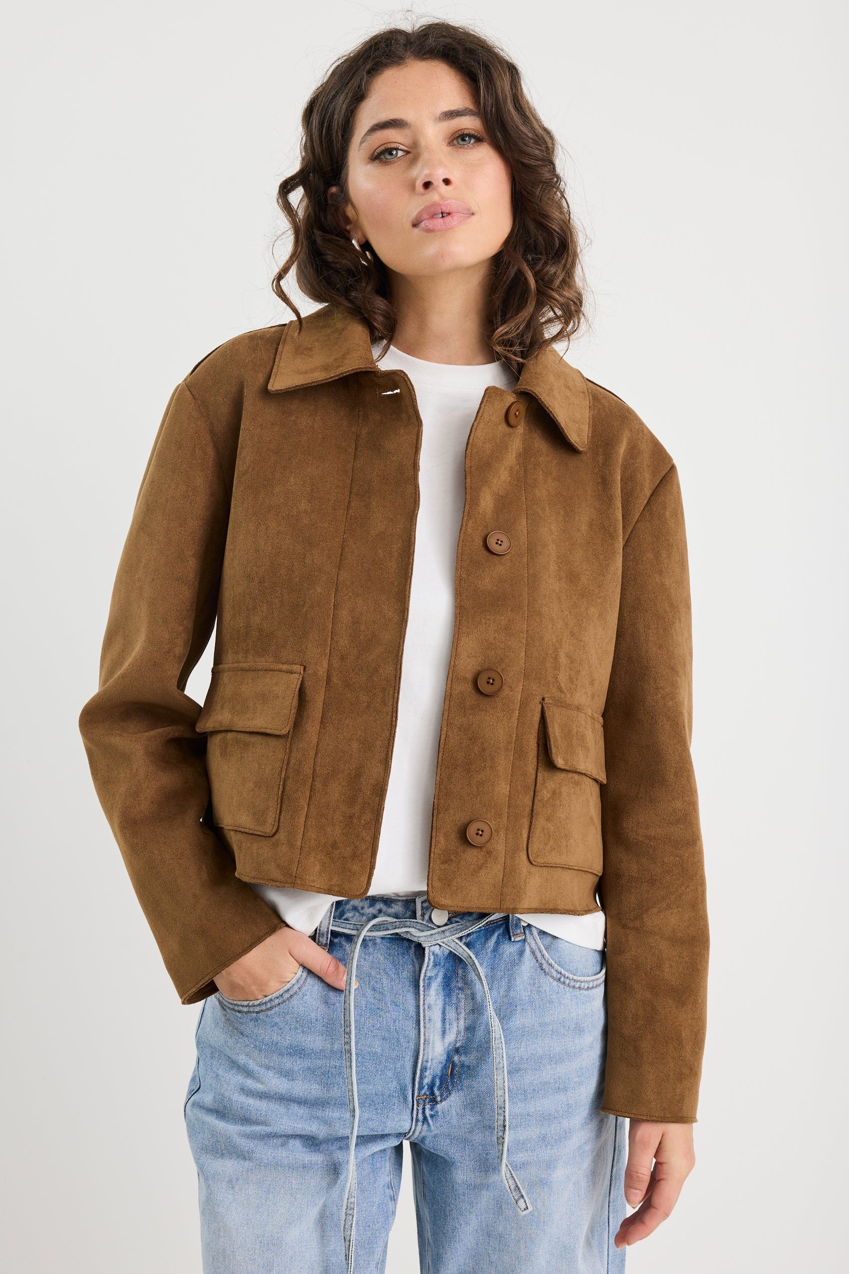 Exhibit Cinnamon Faux Suede Button Front Cropped Jacket - Image 2