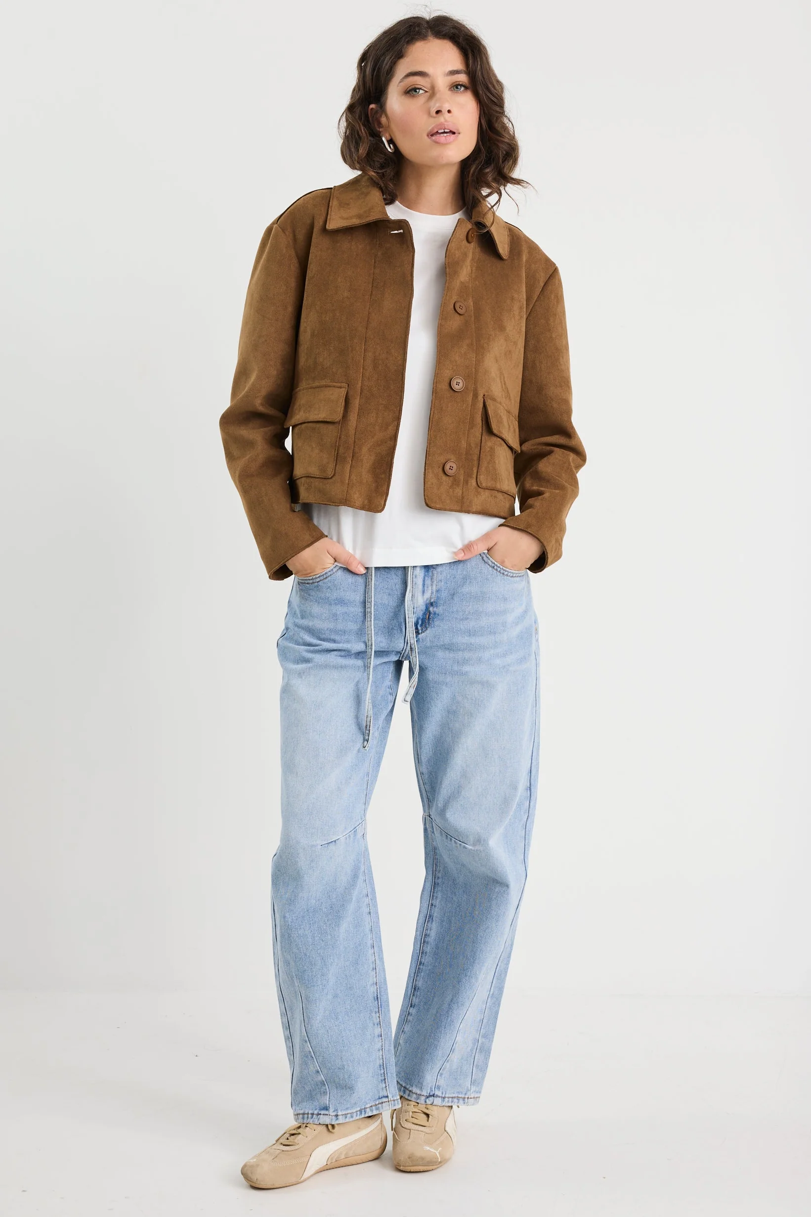 Exhibit Cinnamon Faux Suede Button Front Cropped Jacket - Image 3
