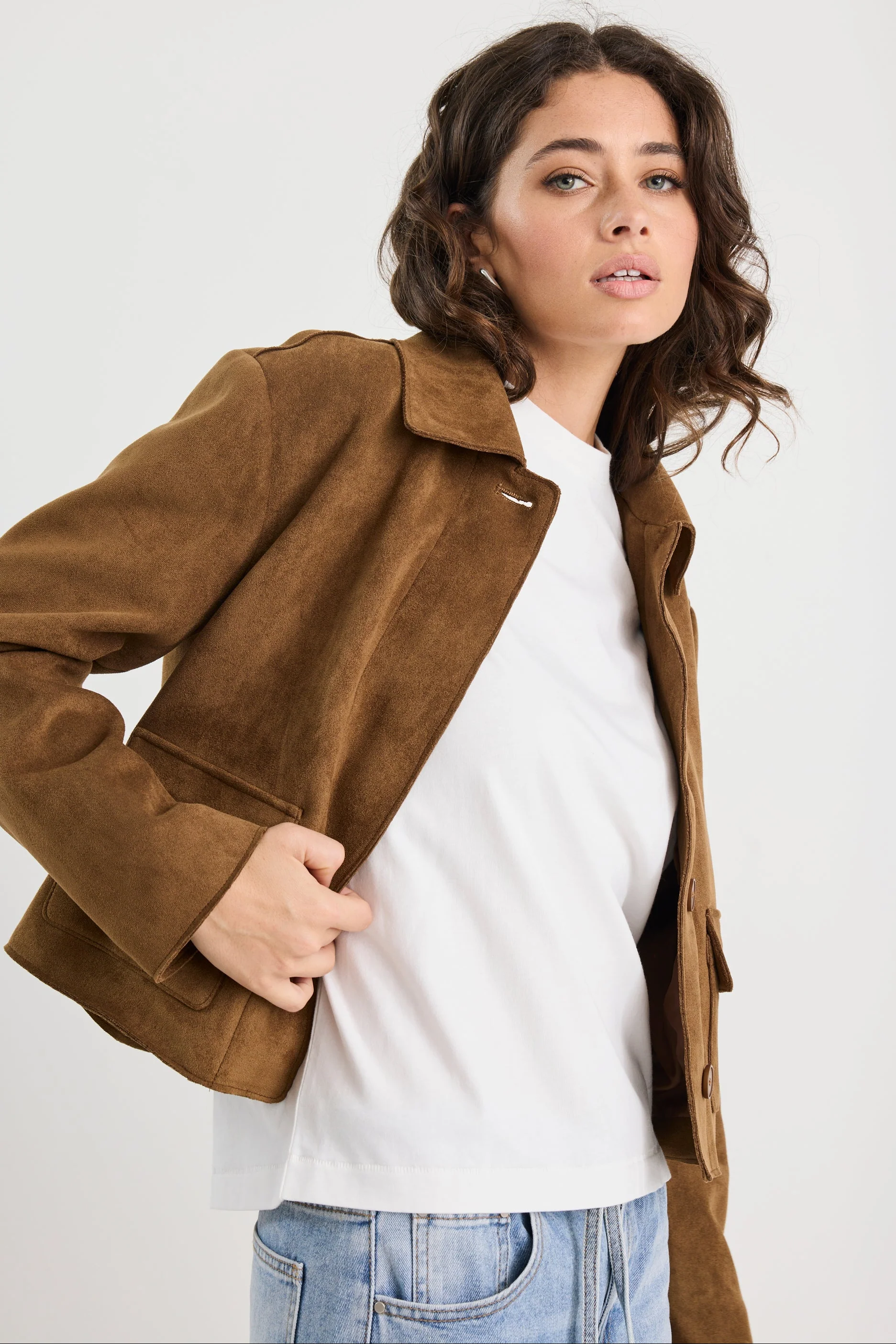 Exhibit Cinnamon Faux Suede Button Front Cropped Jacket - Image 4