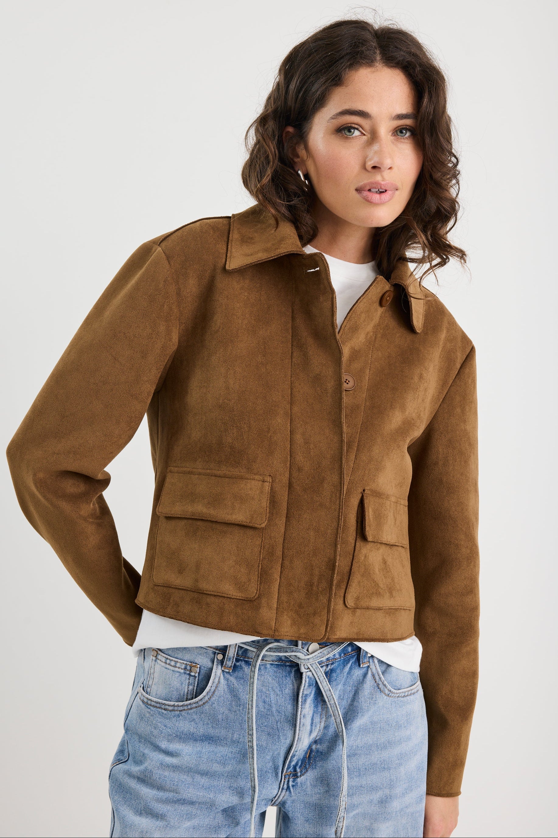 Exhibit Cinnamon Faux Suede Button Front Cropped Jacket - Image 5