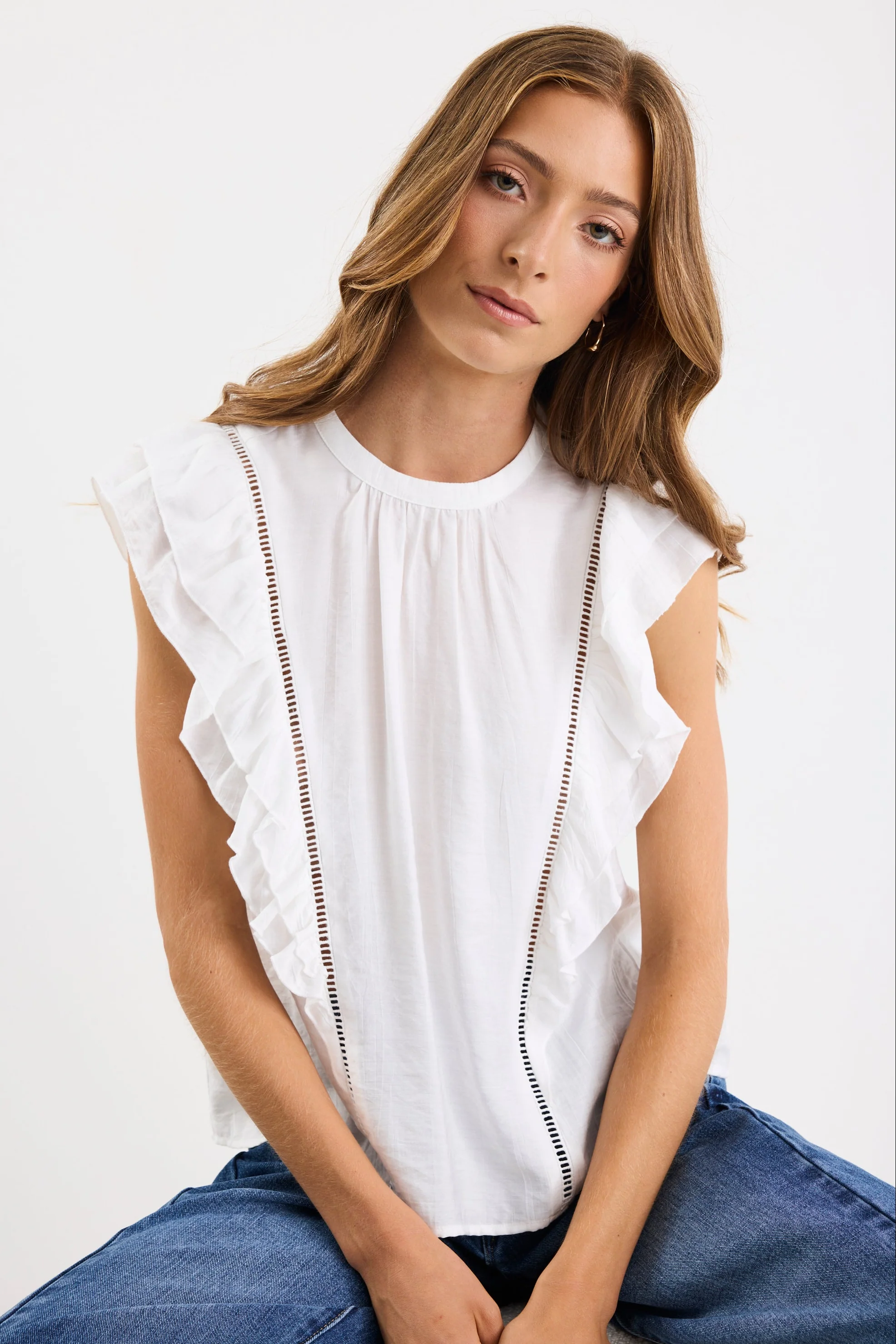 Exotic Ivory Sheer High Neck Frill Sleeve Top - Image 2